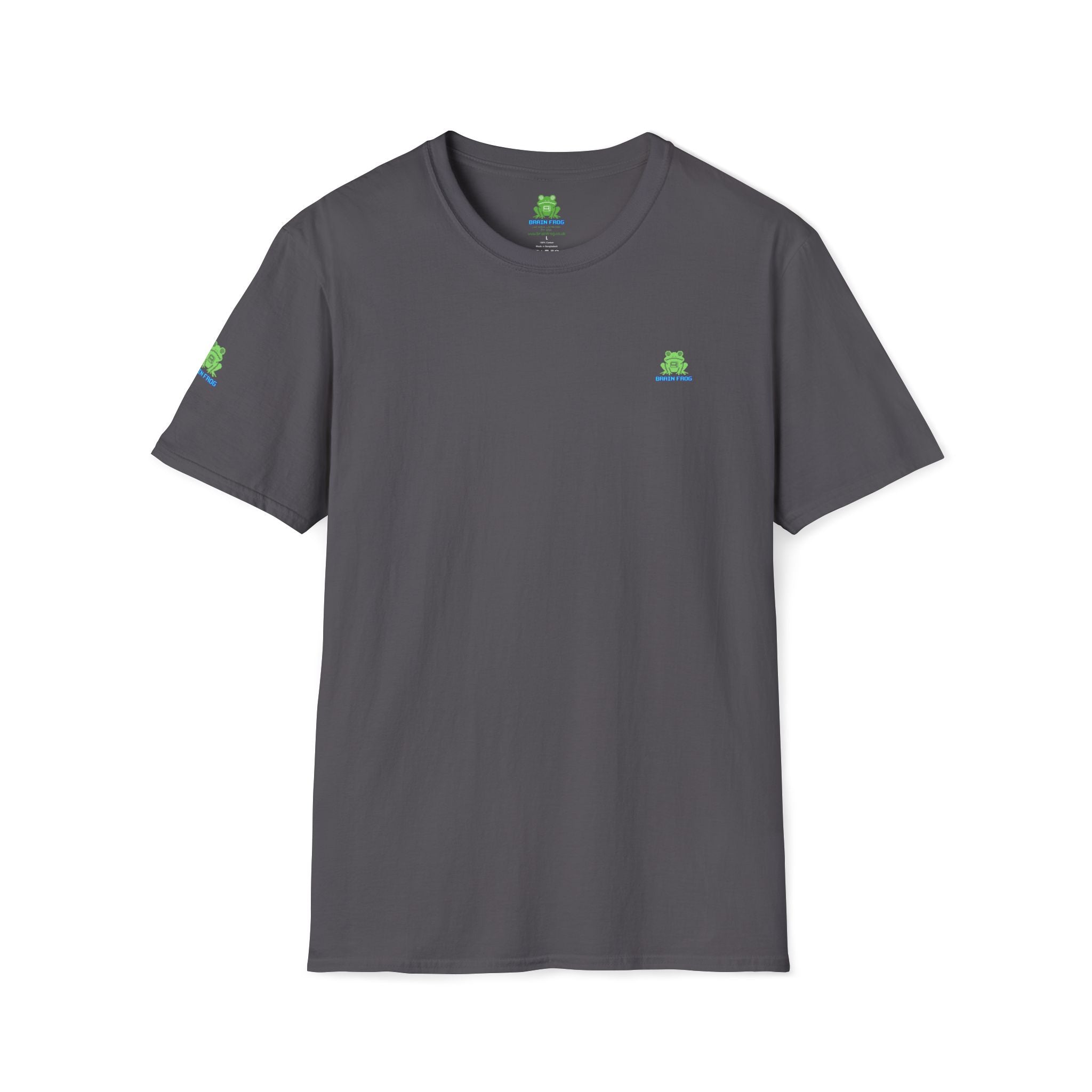Brain Frog Design Signature T-Shirt - Small Green Brain Frog Logo Tee (Front Chest & Sleeve) - 100% Cotton
