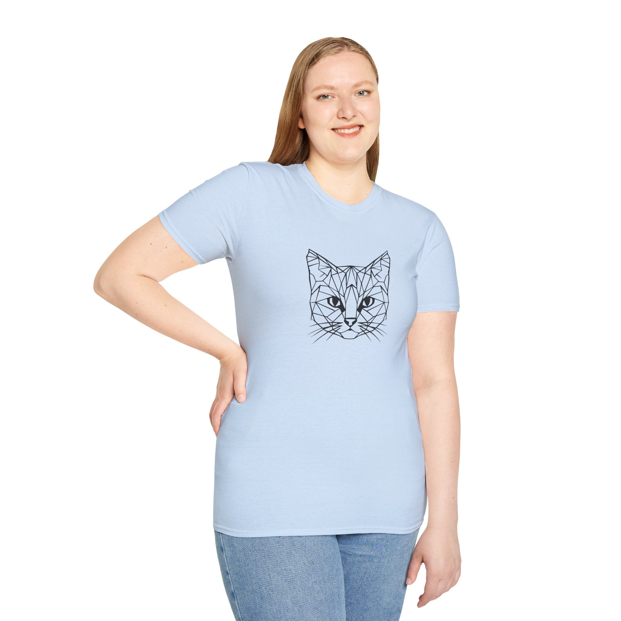 Geometric Cat T-Shirt - Minimal Line Art Cat Face Tee - 100% Cotton