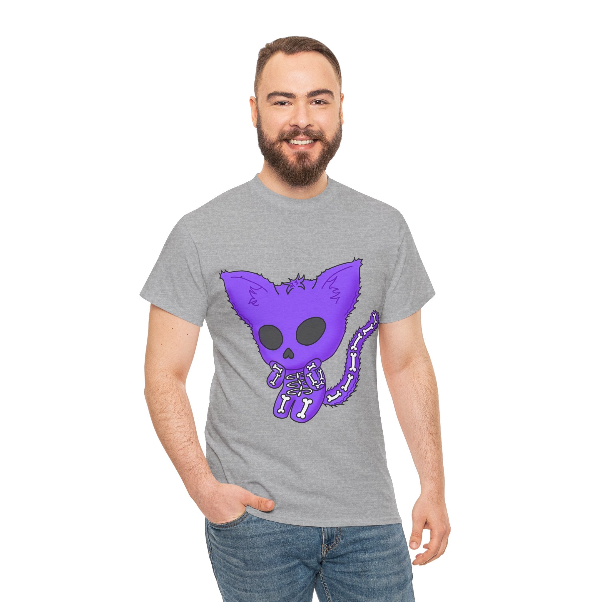 Purple Skeleton Cat Graphic Tee - Cute Creepy Kitty Shirt - 100% Cotton
