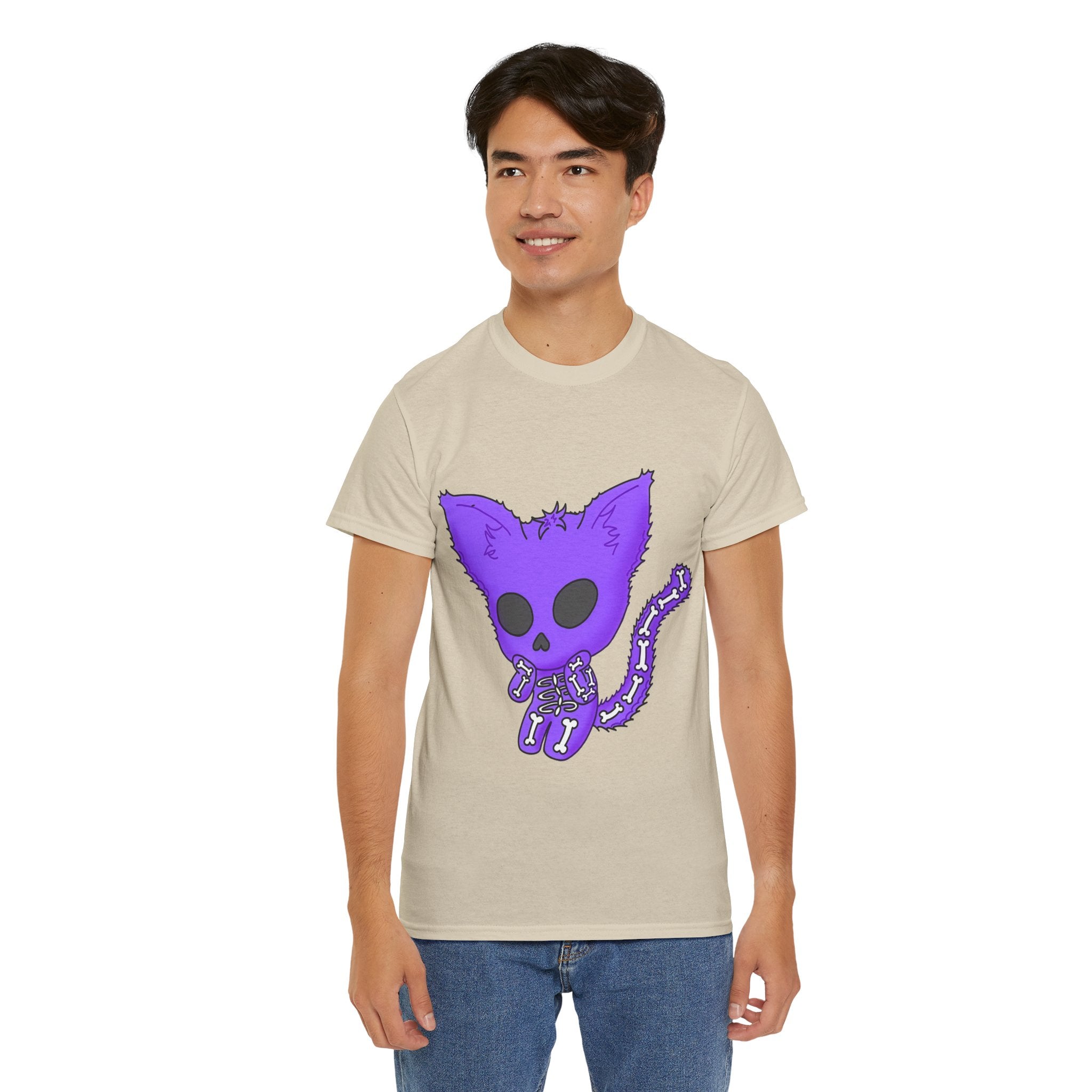 Purple Skeleton Cat Graphic Tee - Cute Creepy Kitty Shirt - 100% Cotton