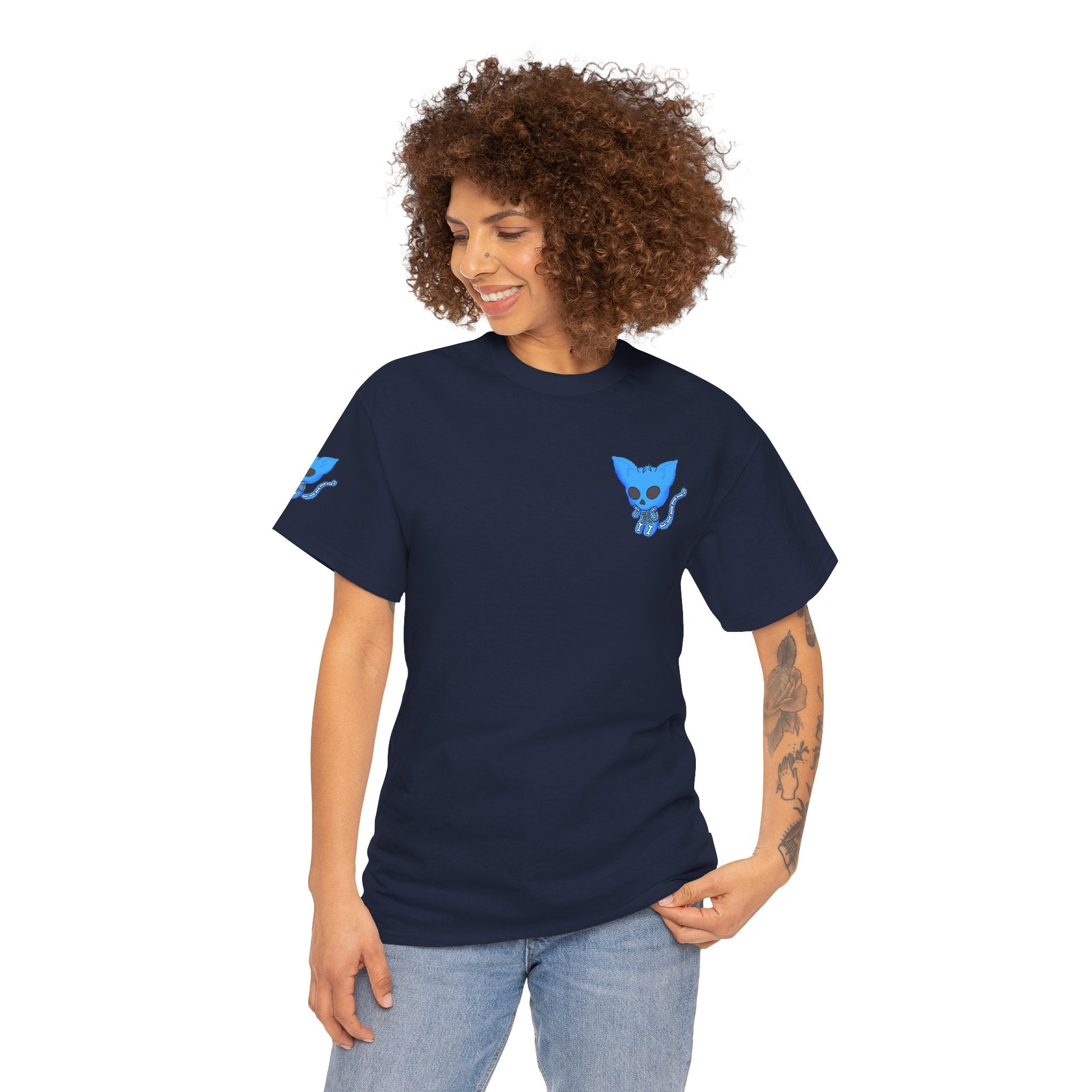 Blue Skeleton Cat Graphic Tee - Cute Creepy Kitty Shirt - 100% Cotton