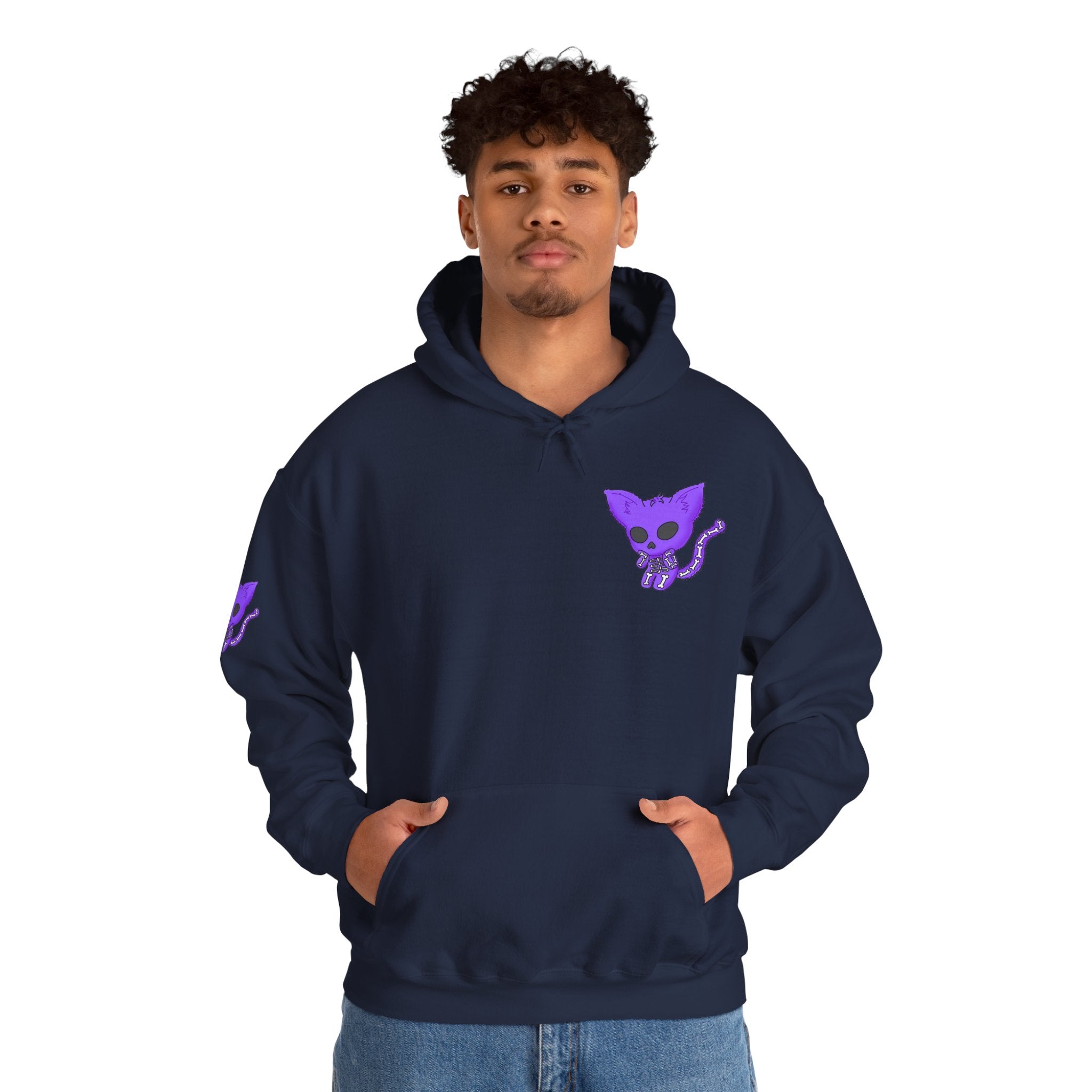 Purple Skeleton Cat Hoodie – Cute Spooky Graphic Sweatshirt - Unique Brand Design