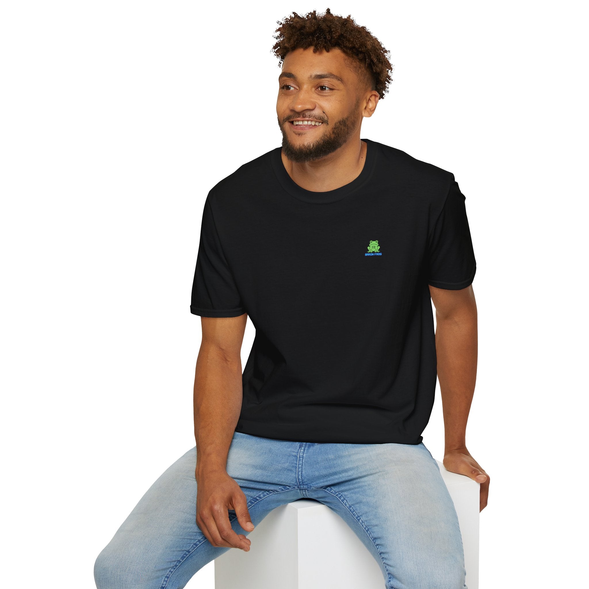 Brain Frog Design Signature T-Shirt - Small Green Brain Frog Logo Tee (Front Chest & Sleeve) - 100% Cotton / Cotton Blend