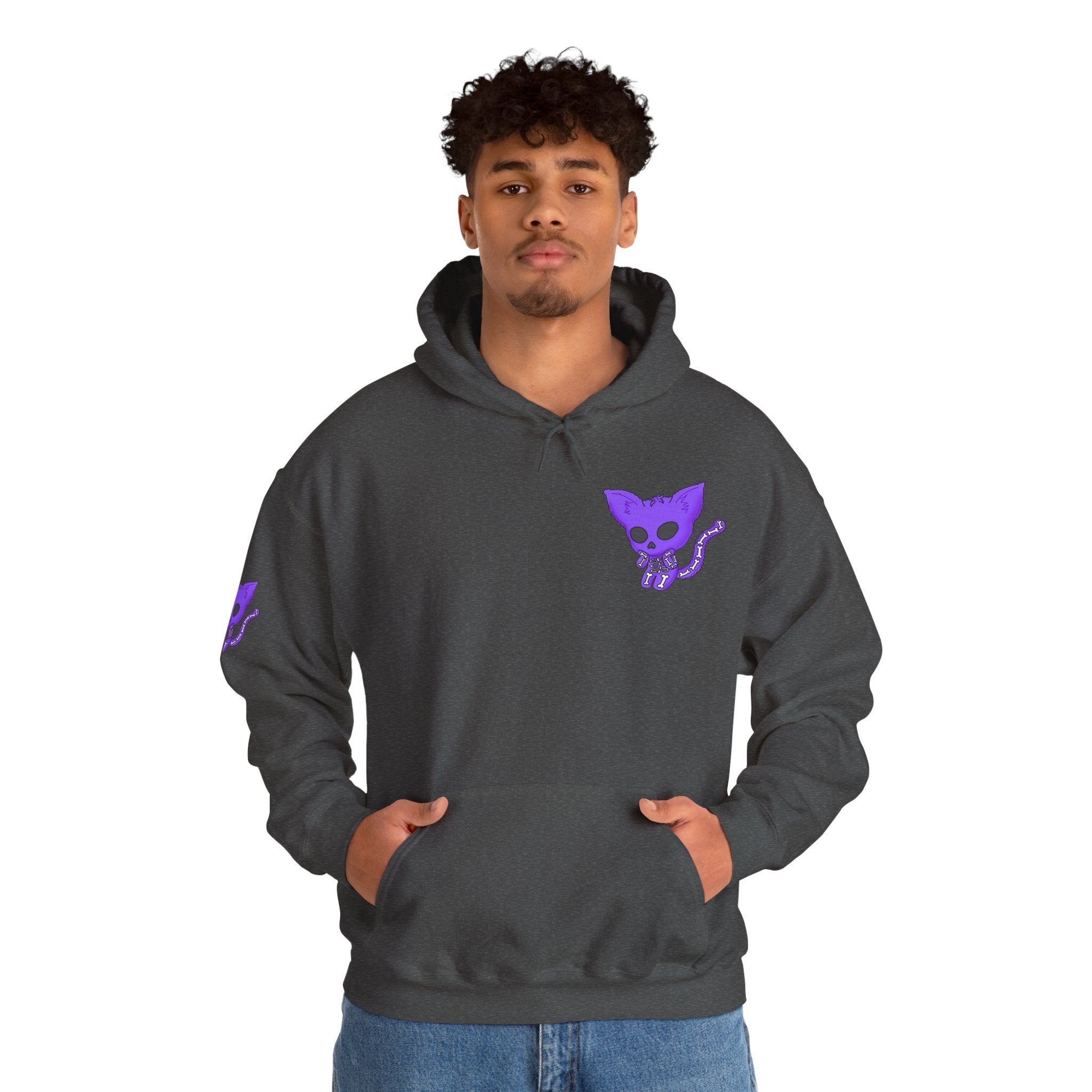 Purple Skeleton Cat Hoodie – Cute Spooky Graphic Sweatshirt - Unique Brand Design