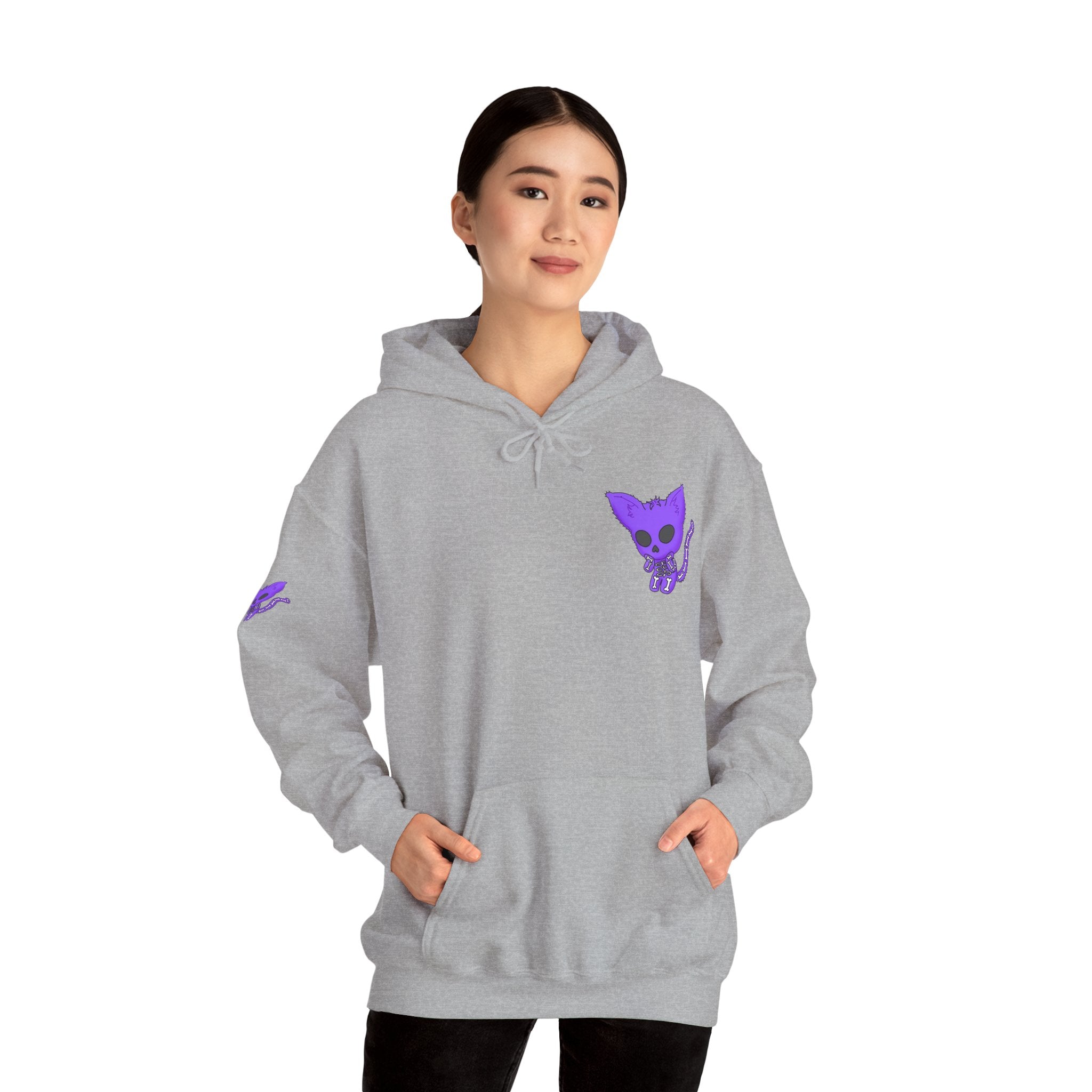 Purple Skeleton Cat Hoodie – Cute Spooky Graphic Sweatshirt - Unique Brand Design