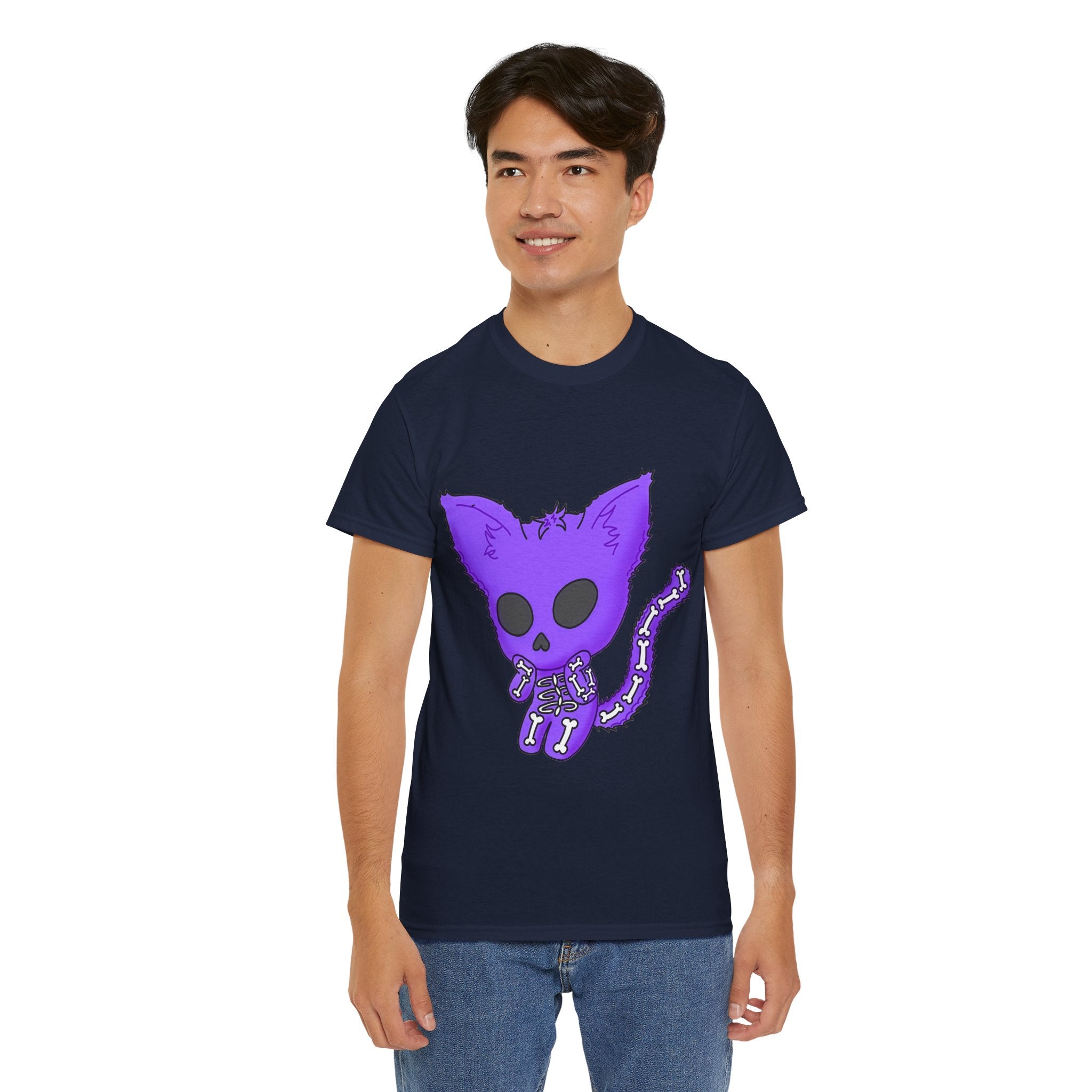 Purple Skeleton Cat Graphic Tee - Cute Creepy Kitty Shirt - 100% Cotton