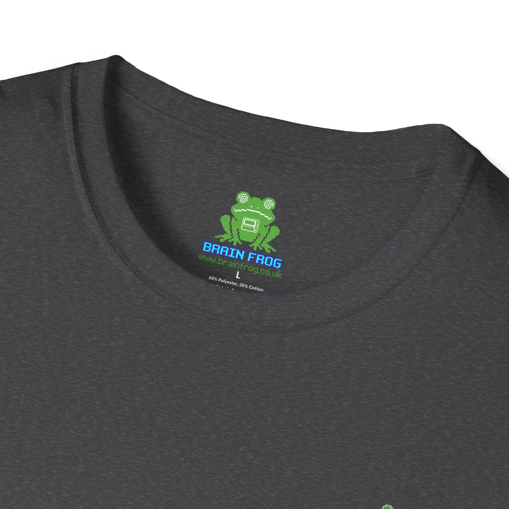 Brain Frog Design Signature T-Shirt - Small Green Brain Frog Logo Tee (Front Chest & Sleeve) - 100% Cotton / Cotton Blend