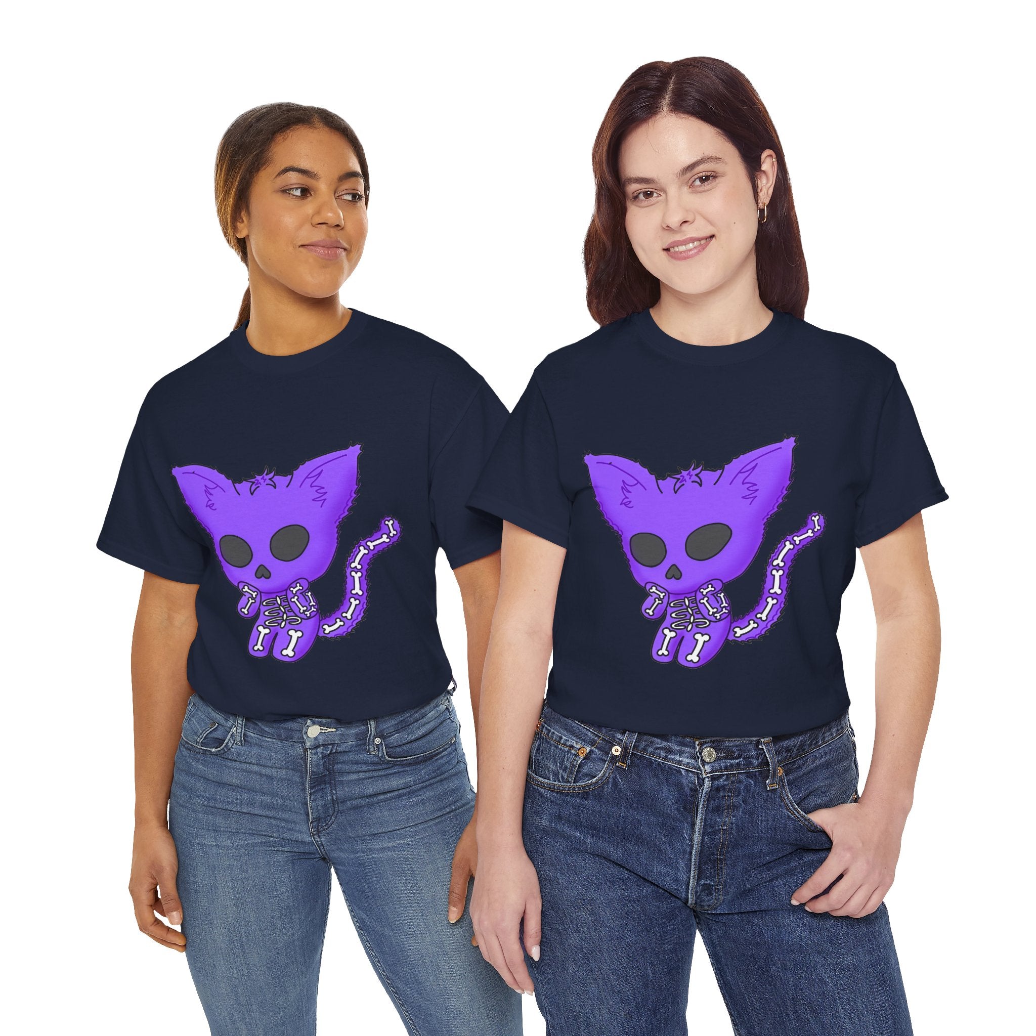 Purple Skeleton Cat Graphic Tee - Cute Creepy Kitty Shirt - 100% Cotton