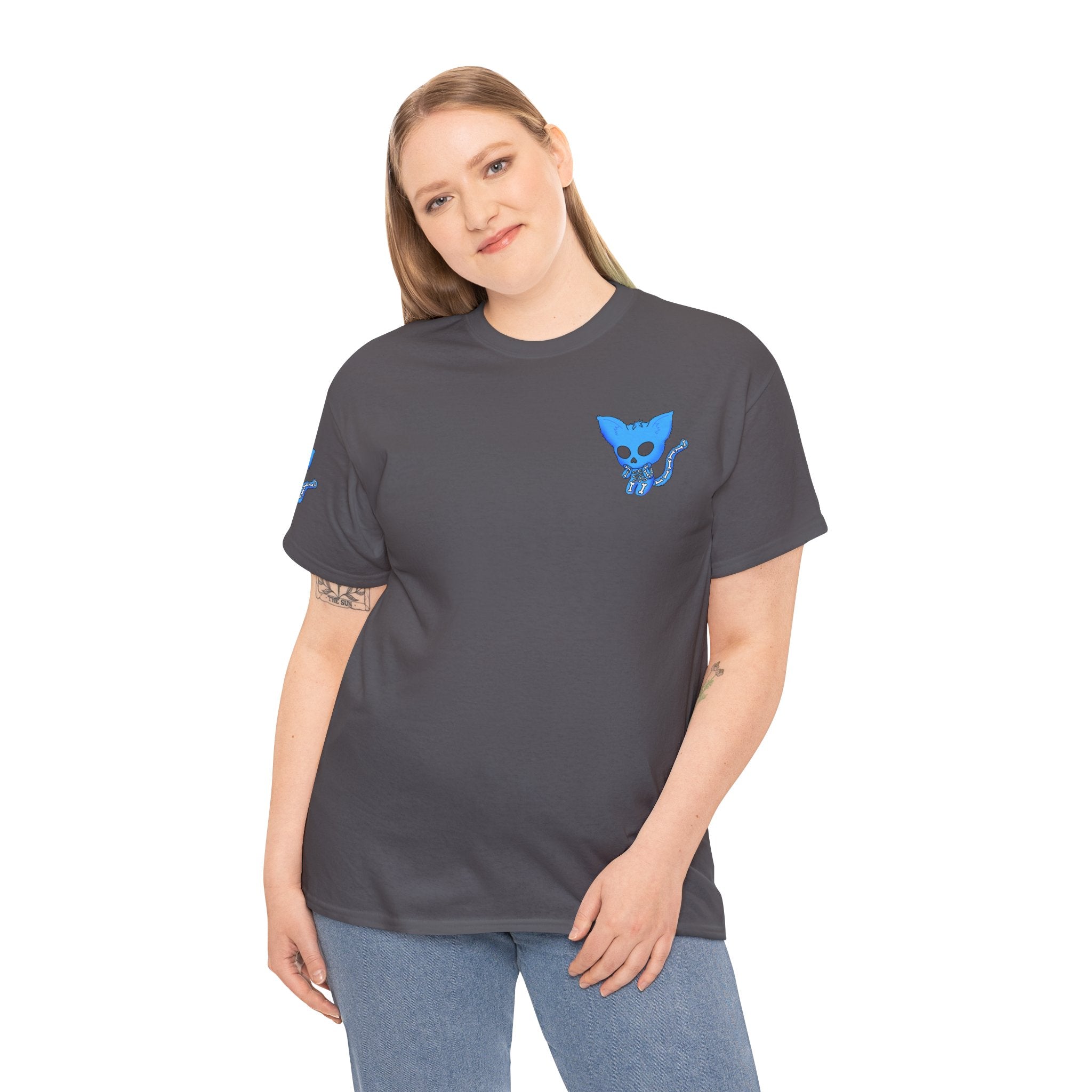 Blue Skeleton Cat Graphic Tee - Cute Creepy Kitty Shirt - 100% Cotton