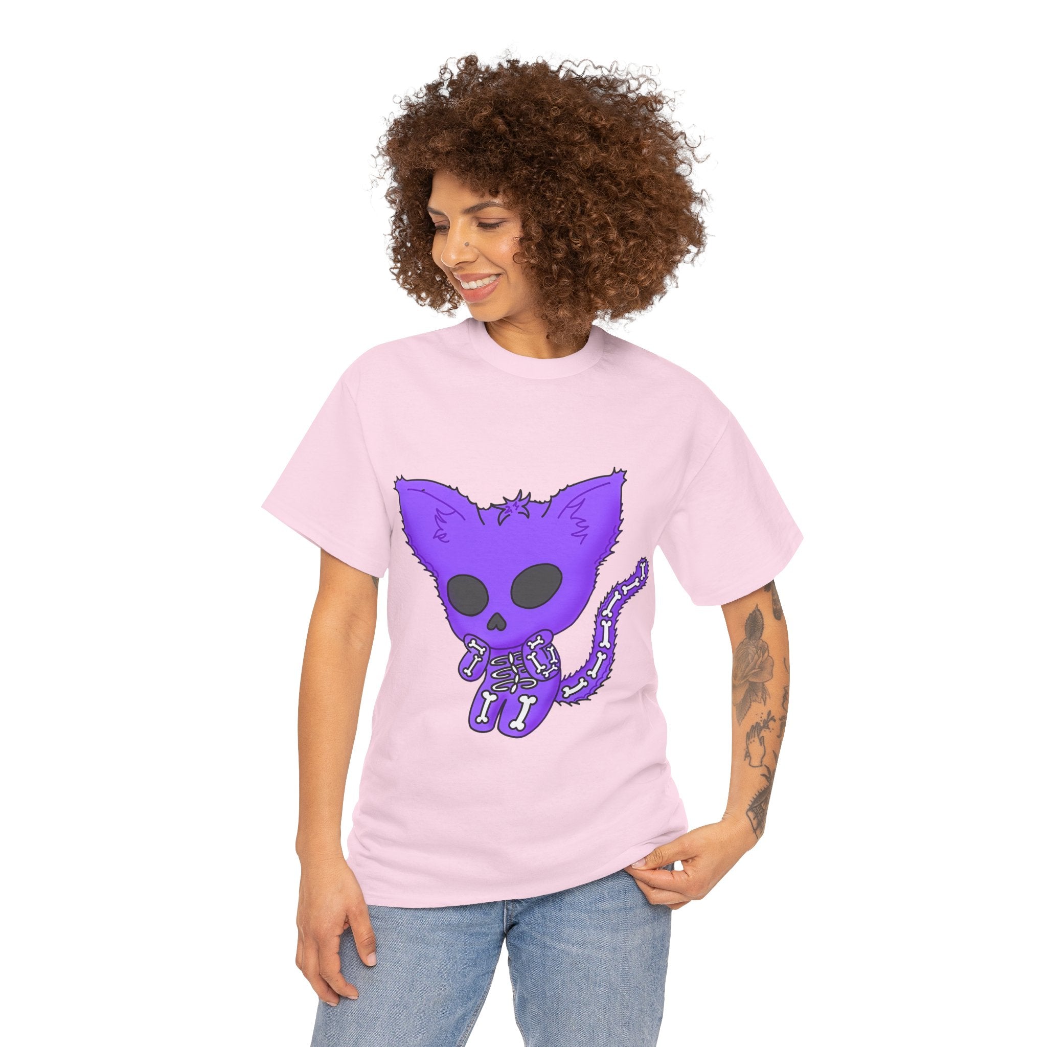 Purple Skeleton Cat Graphic Tee - Cute Creepy Kitty Shirt - 100% Cotton