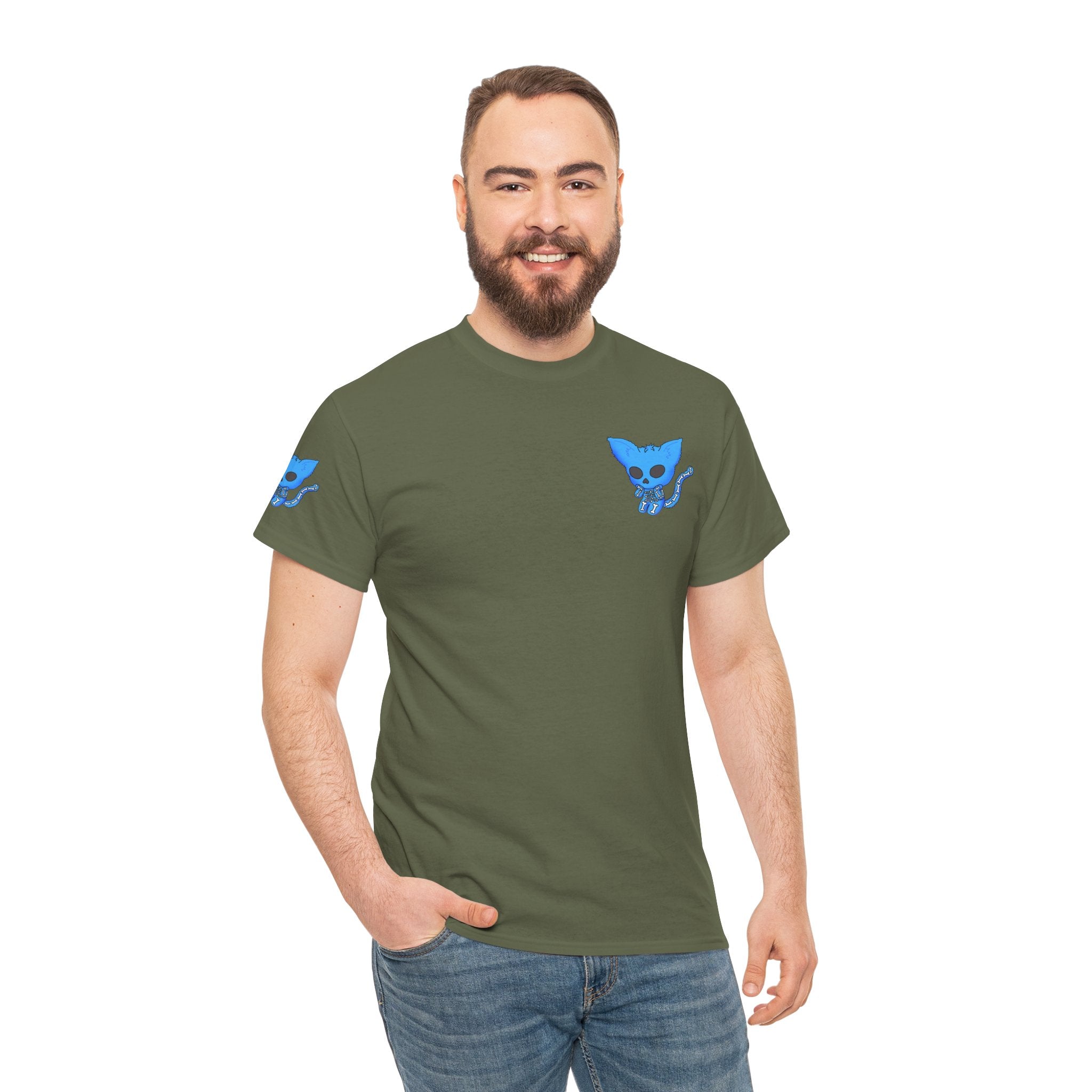 Blue Skeleton Cat Graphic Tee - Cute Creepy Kitty Shirt - 100% Cotton
