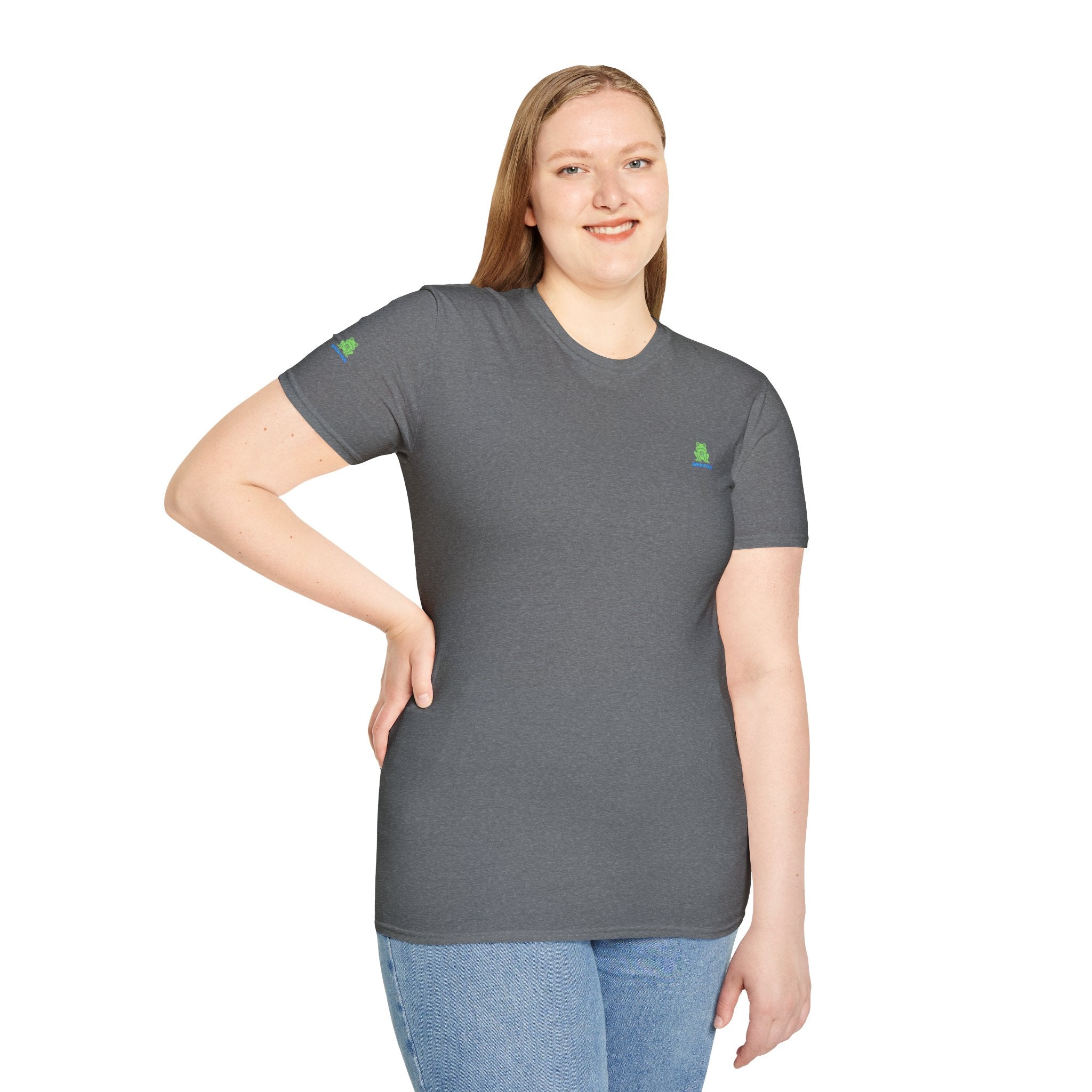 Brain Frog Design Signature T-Shirt - Small Green Brain Frog Logo Tee (Front Chest & Sleeve) - 100% Cotton / Cotton Blend