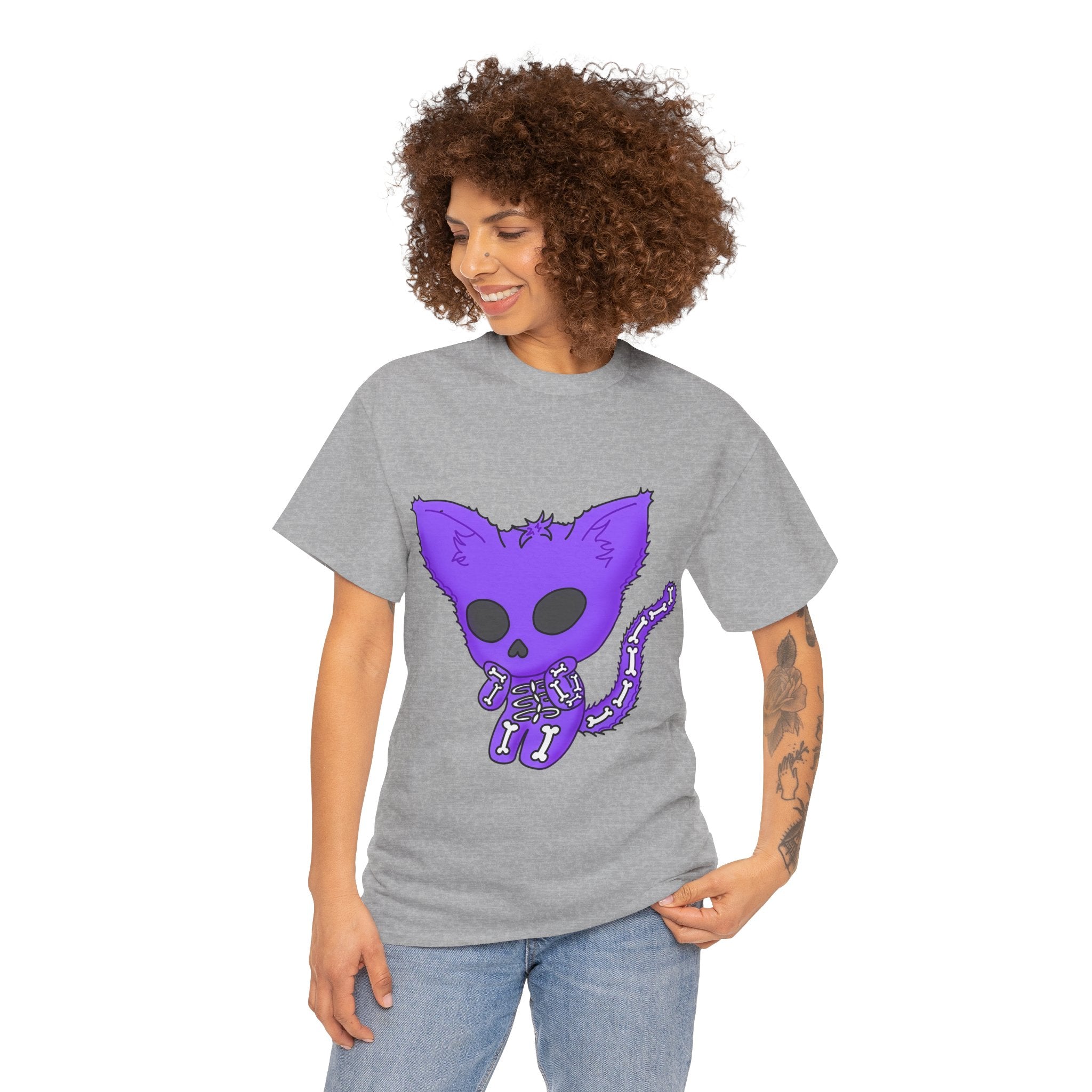 Purple Skeleton Cat Graphic Tee - Cute Creepy Kitty Shirt - 100% Cotton