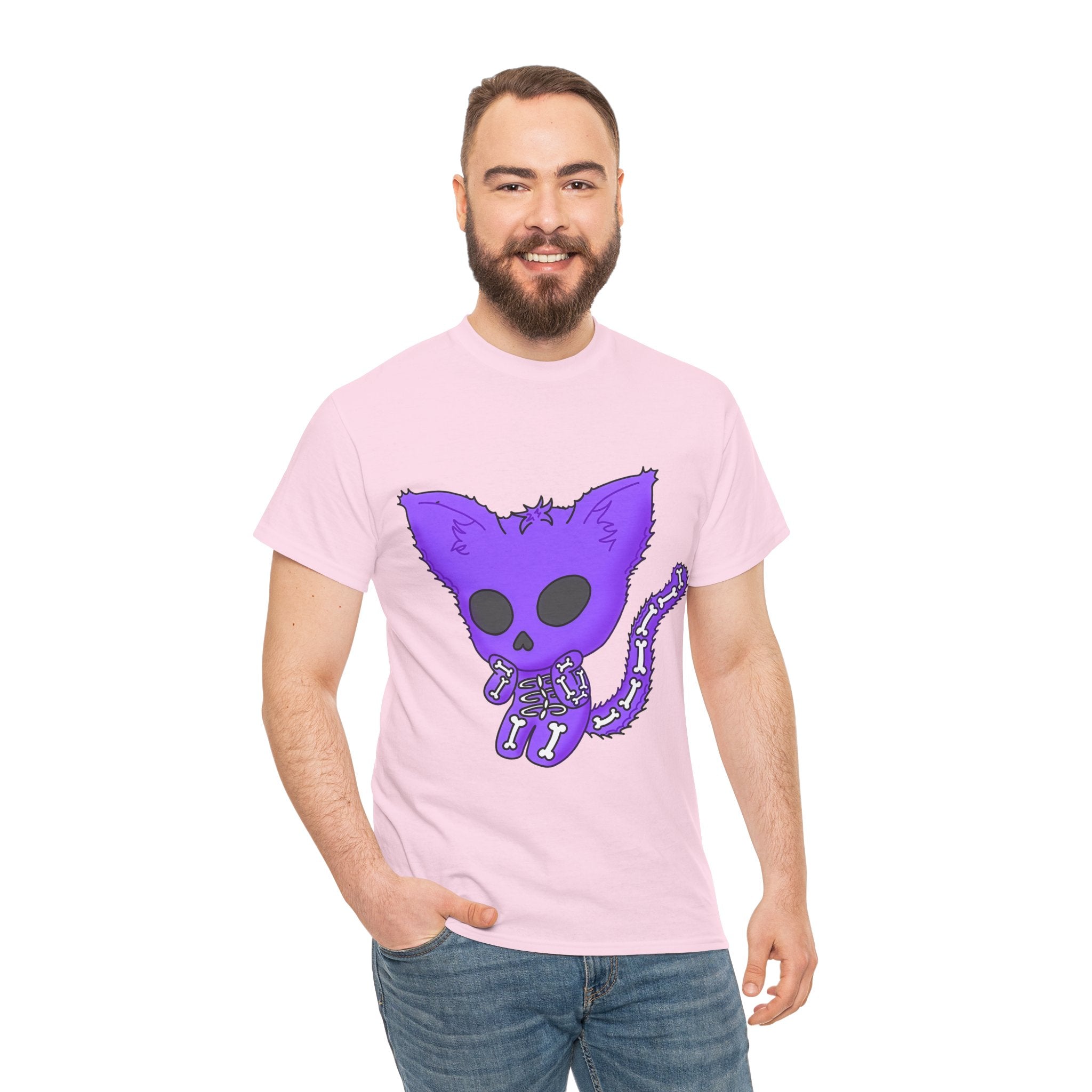 Purple Skeleton Cat Graphic Tee - Cute Creepy Kitty Shirt - 100% Cotton