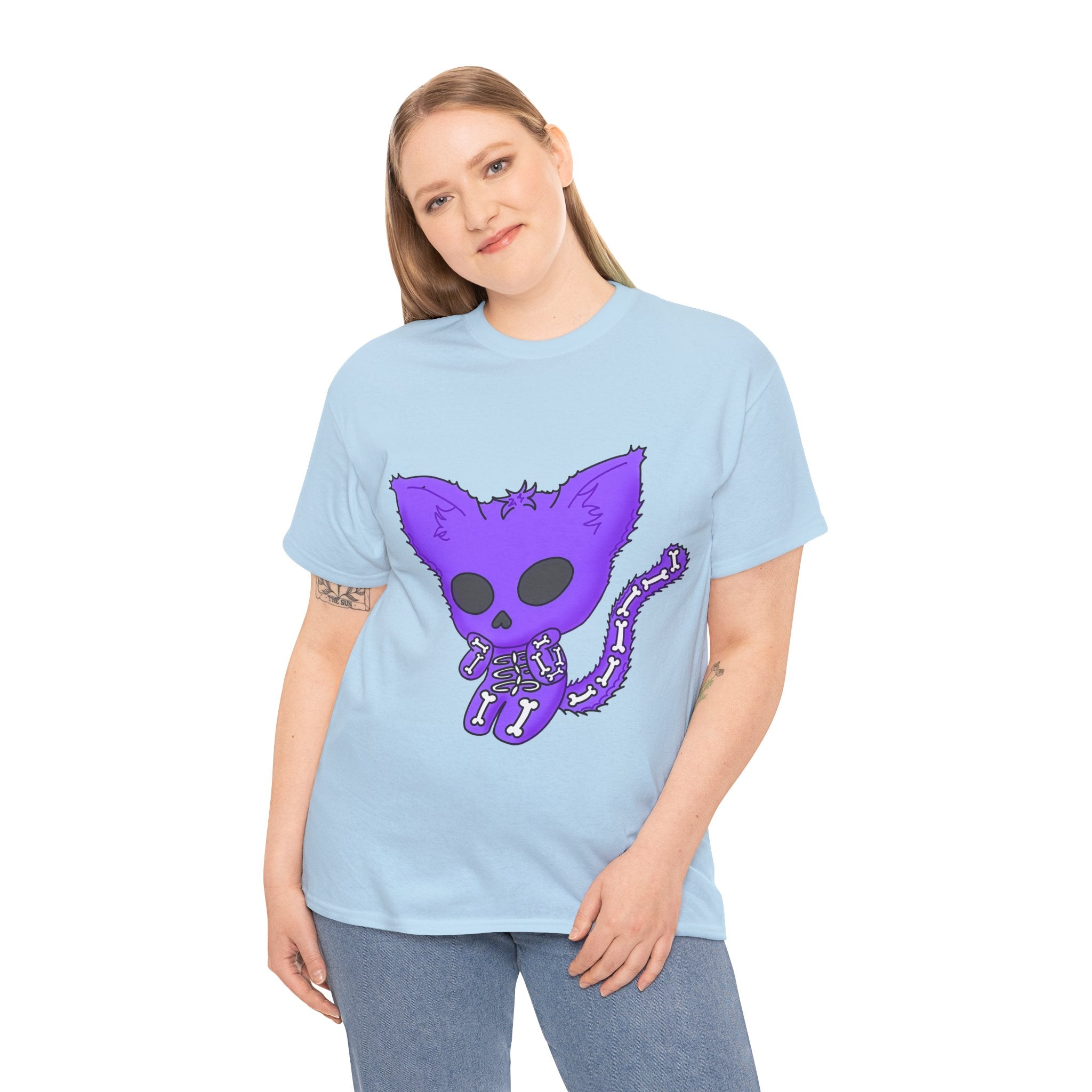 Purple Skeleton Cat Graphic Tee - Cute Creepy Kitty Shirt - 100% Cotton