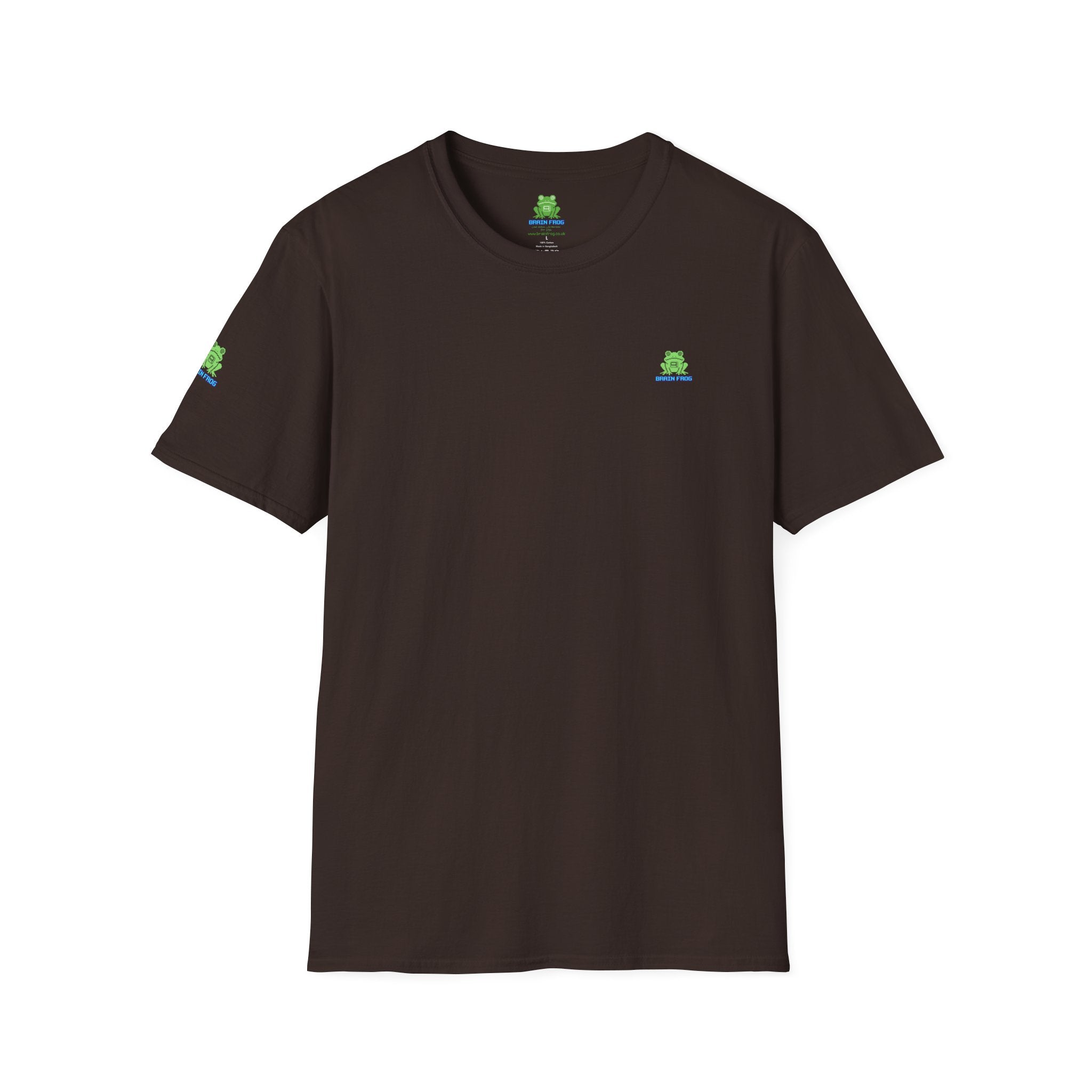 Brain Frog Design Signature T-Shirt - Small Green Brain Frog Logo Tee (Front Chest & Sleeve) - 100% Cotton