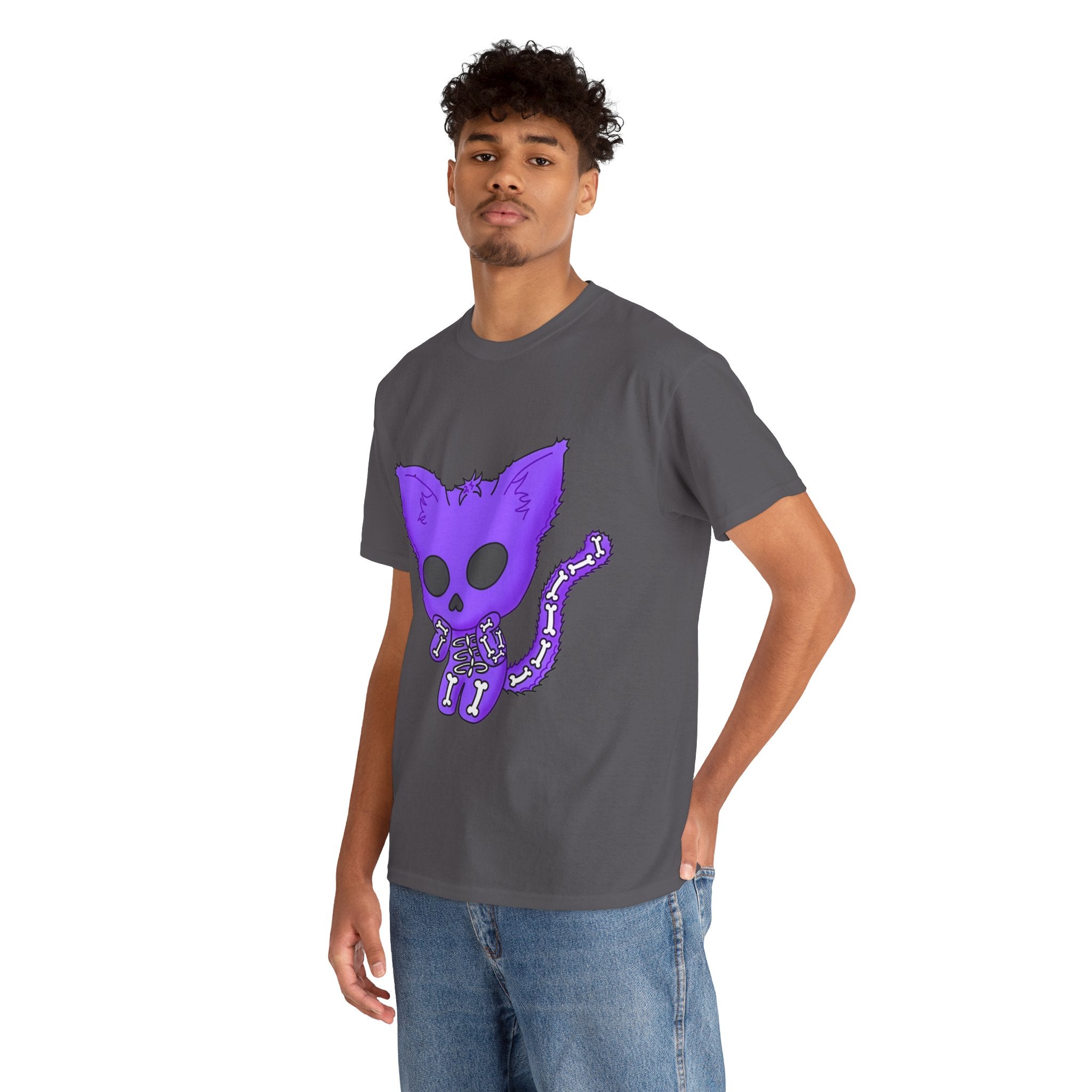 Purple Skeleton Cat Graphic Tee - Cute Creepy Kitty Shirt - 100% Cotton