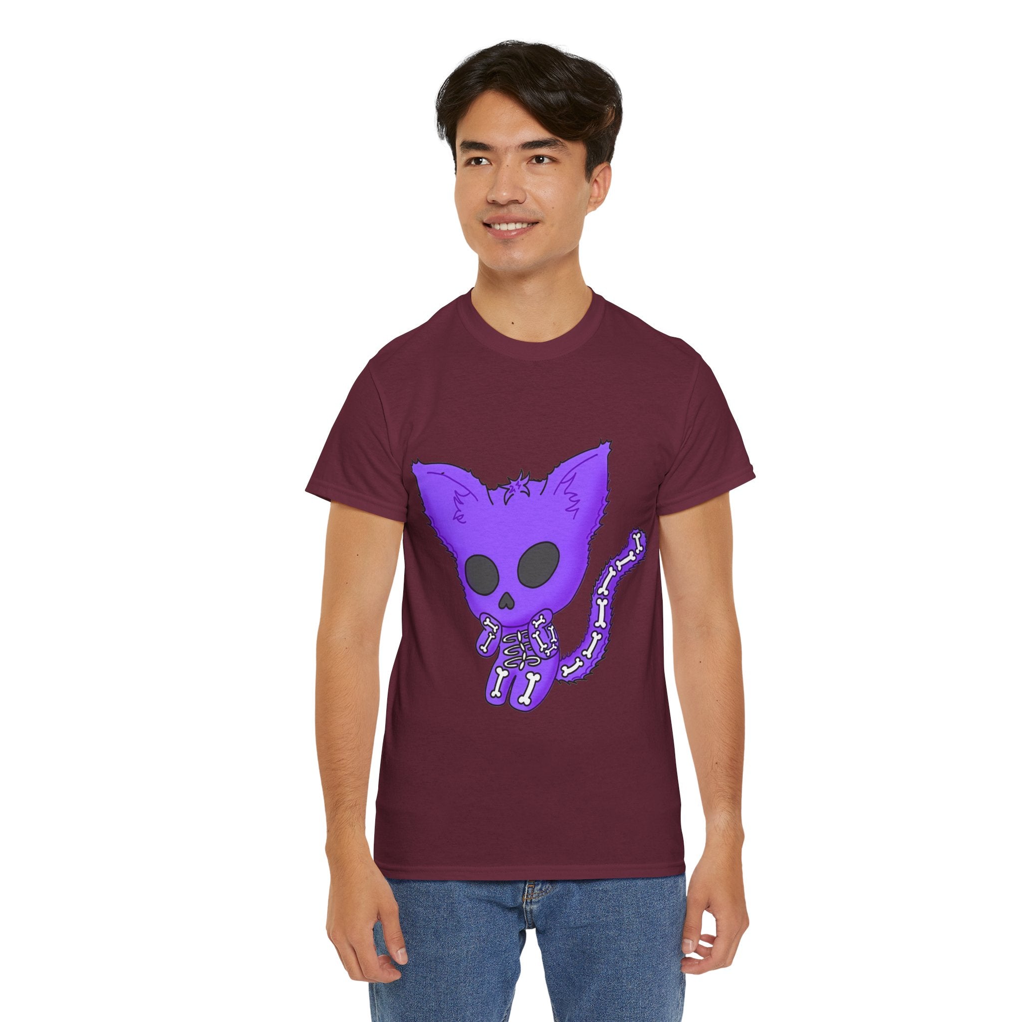 Purple Skeleton Cat Graphic Tee - Cute Creepy Kitty Shirt - 100% Cotton