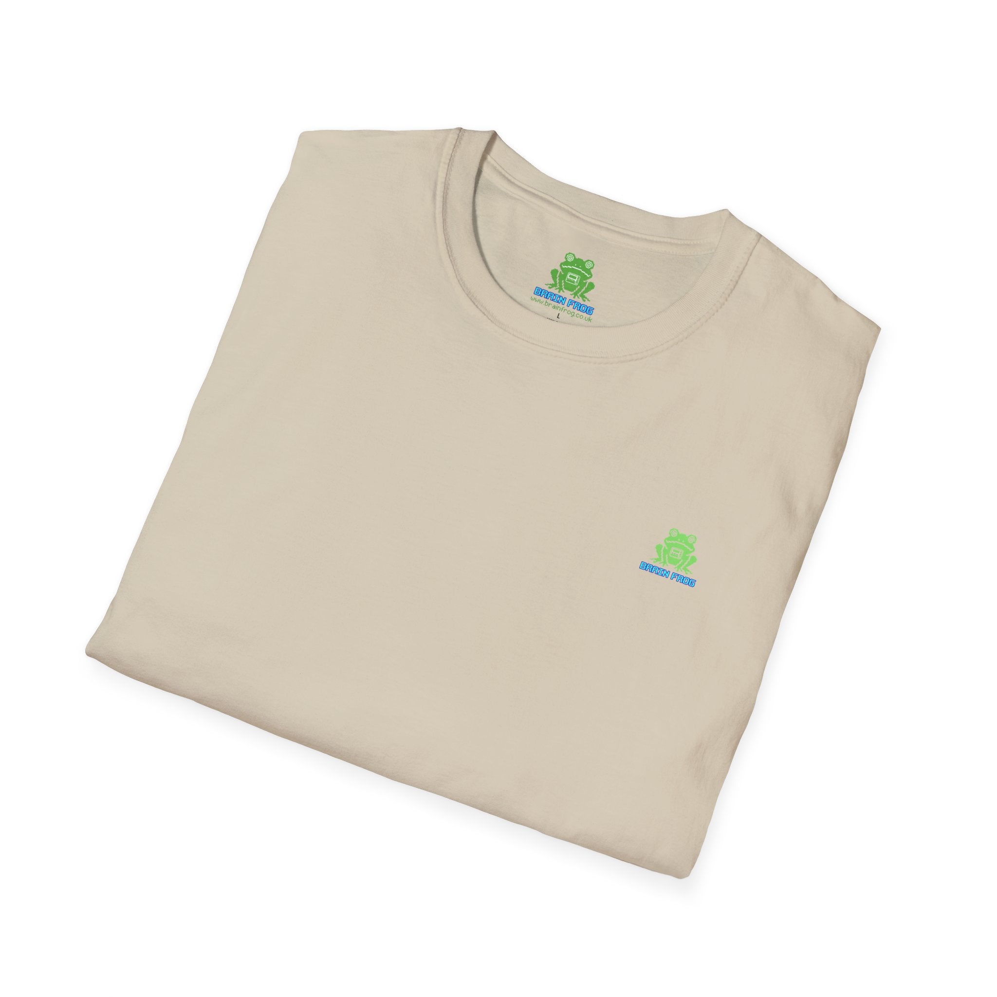 Brain Frog Design Signature T-Shirt - Small Green Brain Frog Logo Tee (Front Chest & Sleeve) - 100% Cotton / Cotton Blend