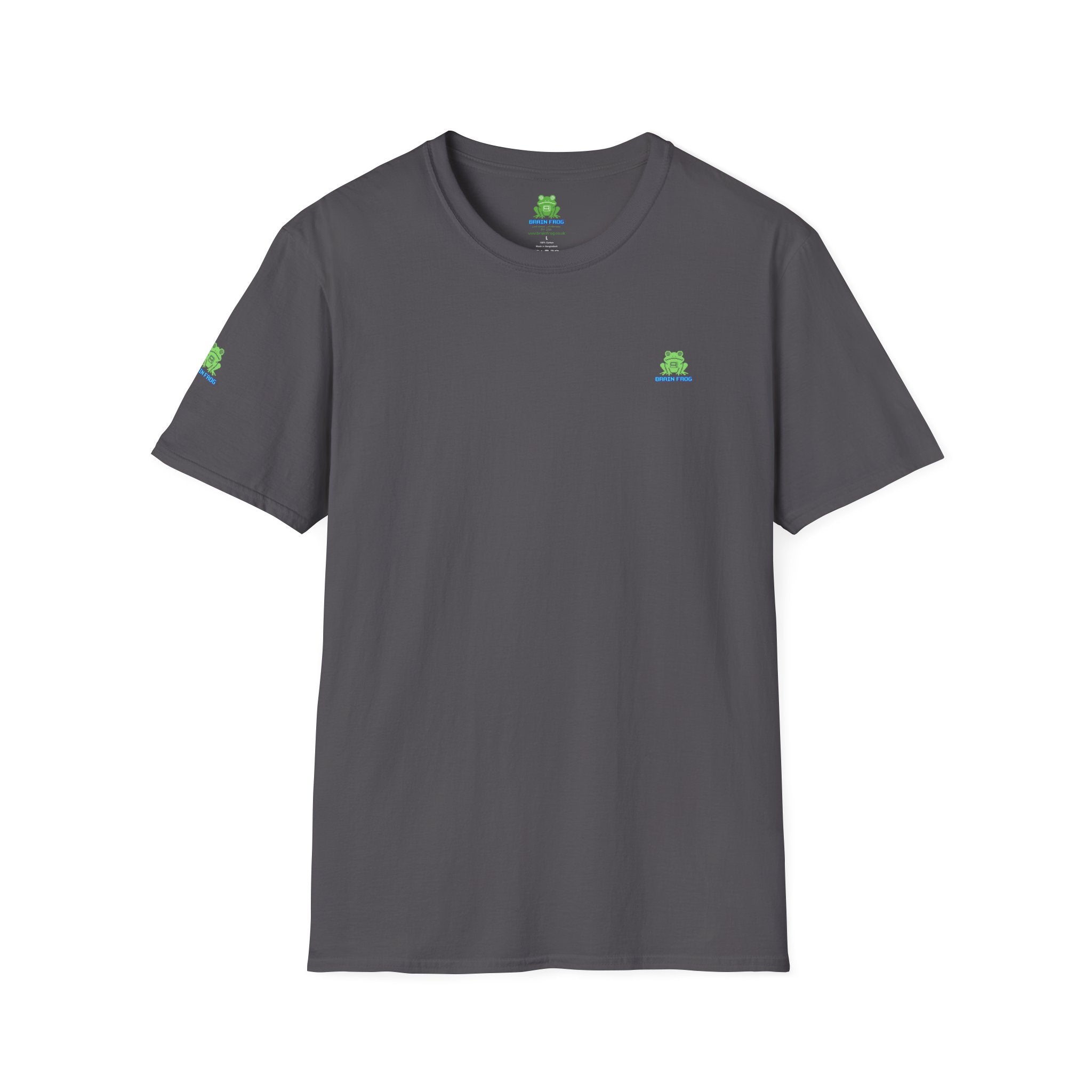 Brain Frog Design Signature T-Shirt - Small Green Brain Frog Logo Tee (Front Chest & Sleeve) - 100% Cotton