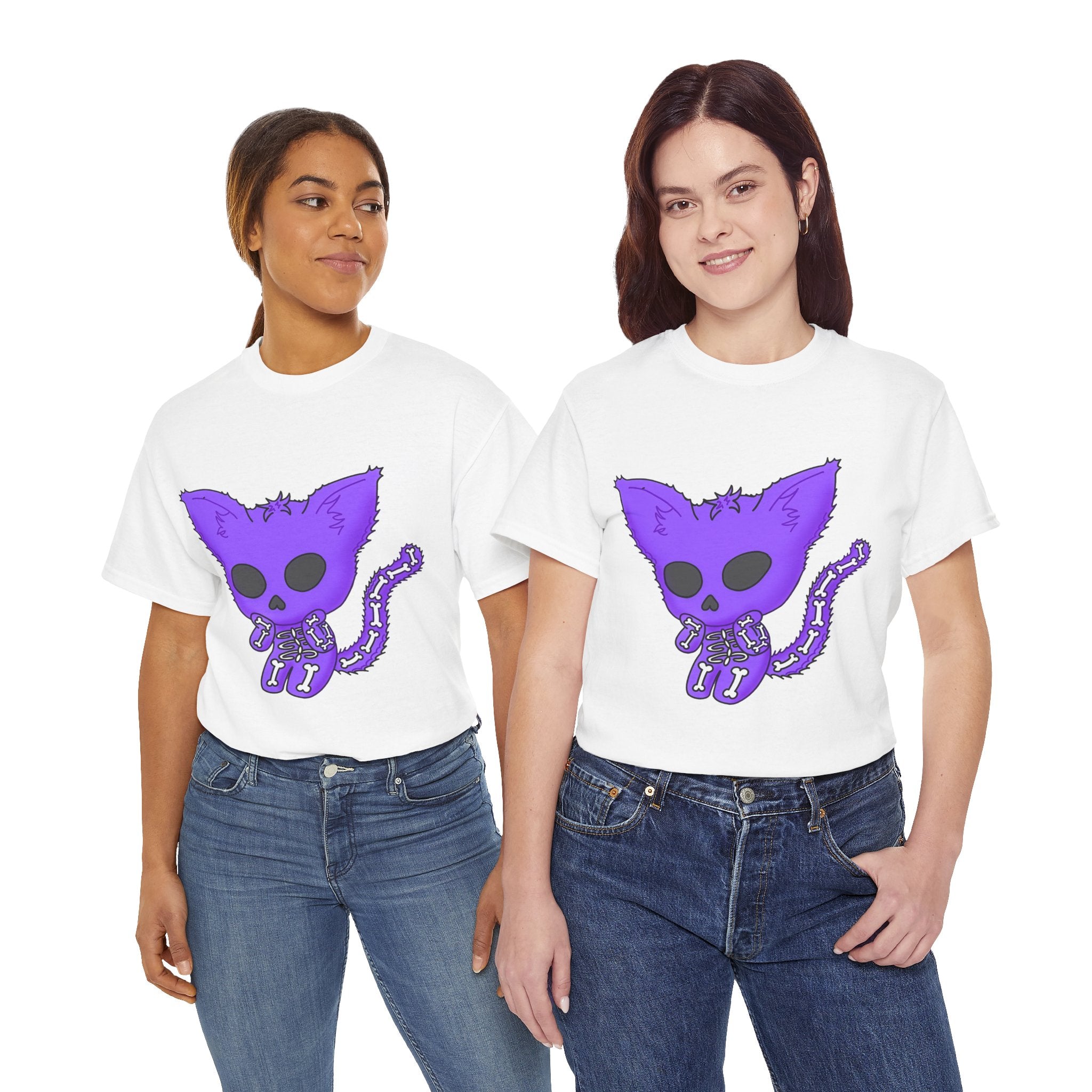 Purple Skeleton Cat Graphic Tee - Cute Creepy Kitty Shirt - 100% Cotton