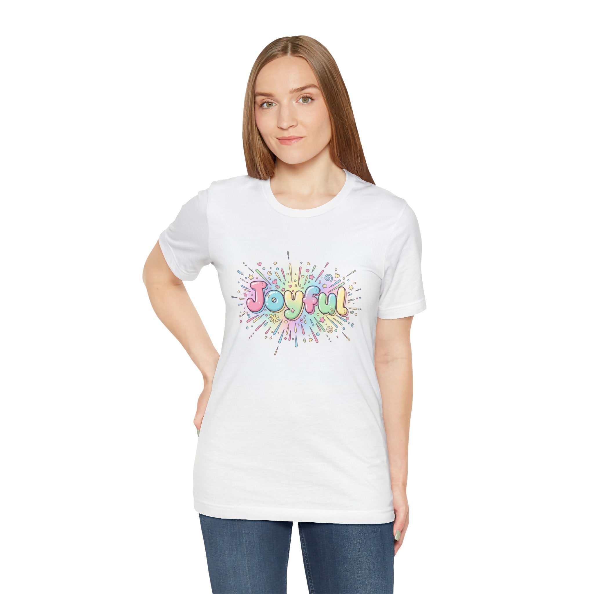 Joyful bubble letters Tee | chaotic cute typography, rainbow gradient - 100% Cotton