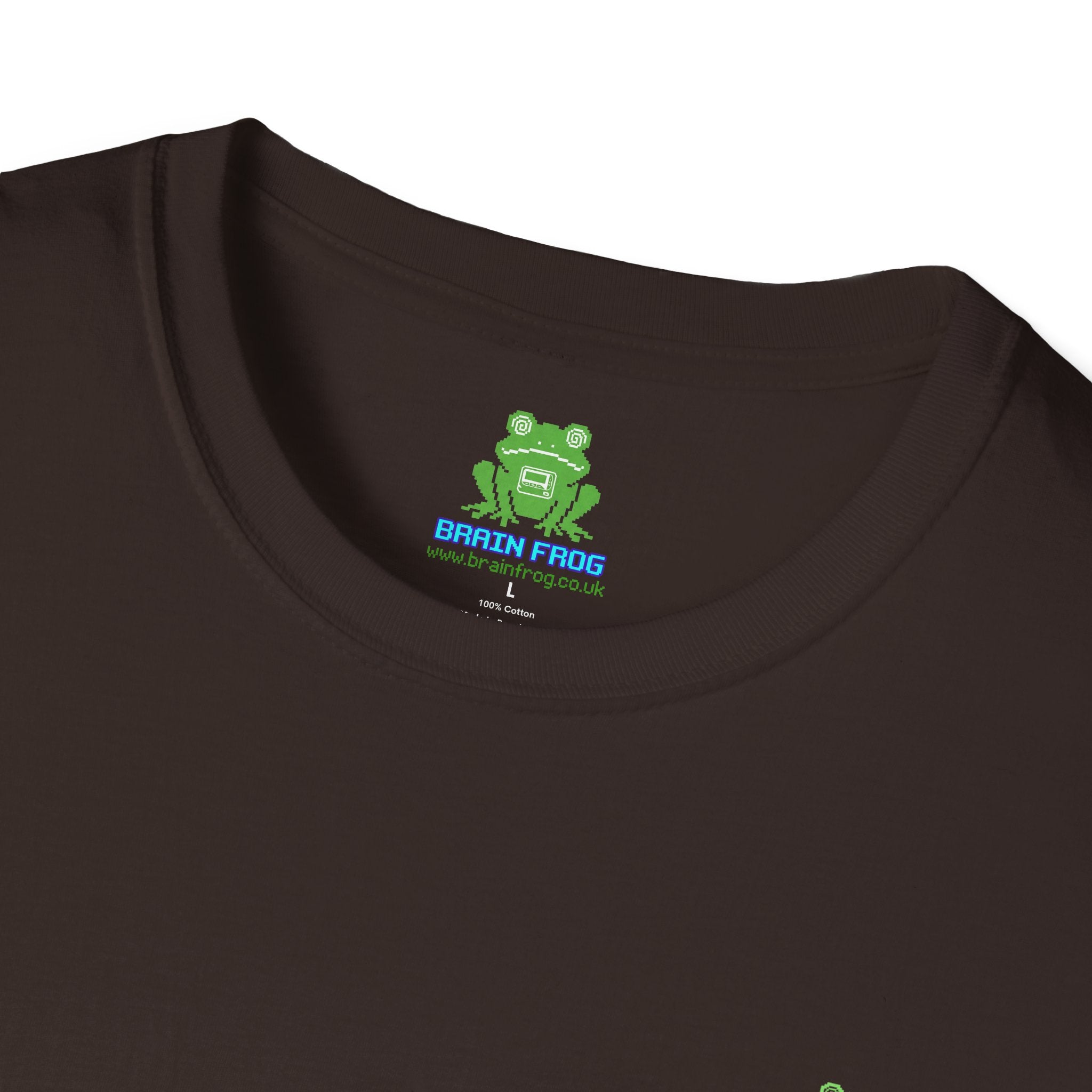 Brain Frog Design Signature T-Shirt - Small Green Brain Frog Logo Tee (Front Chest & Sleeve) - 100% Cotton / Cotton Blend