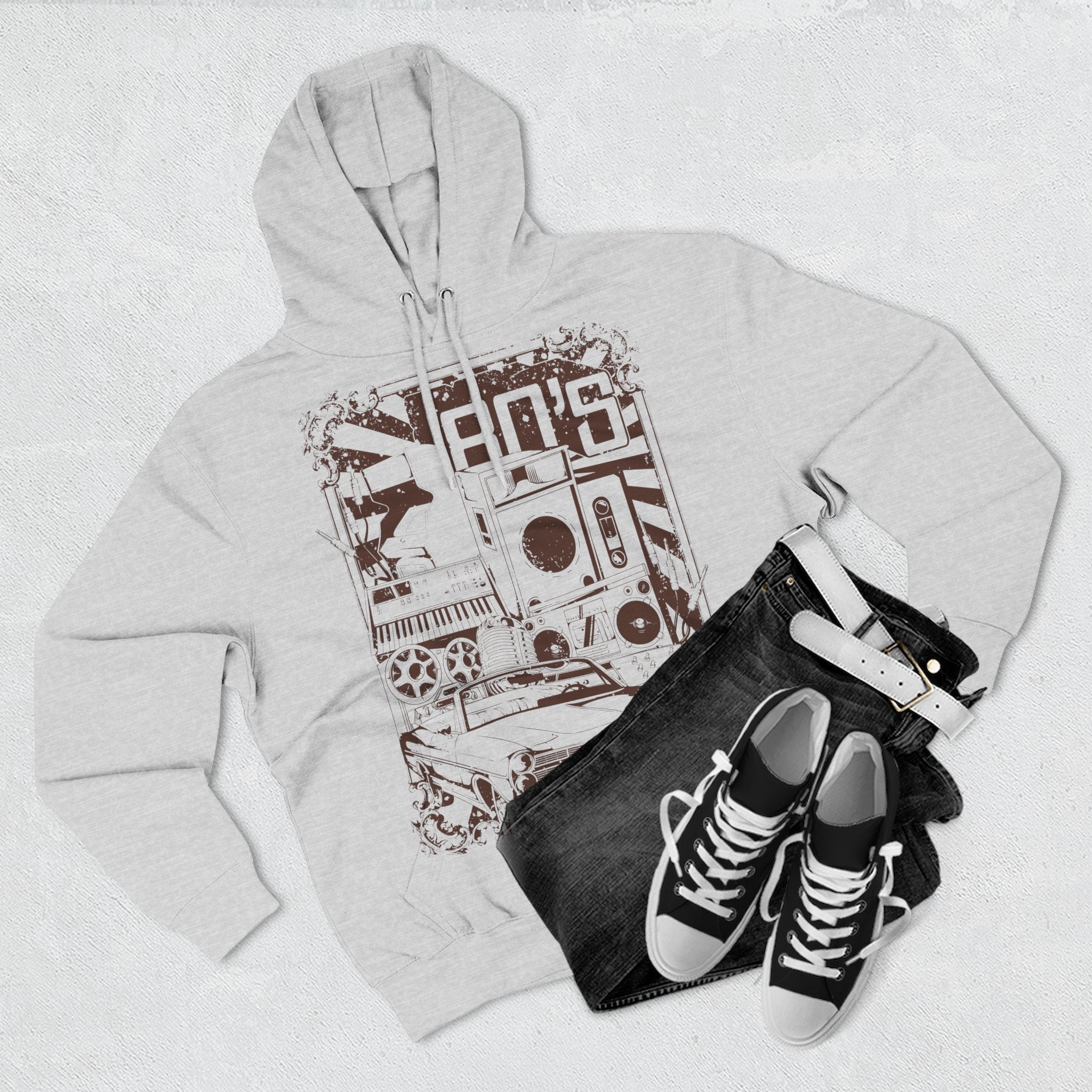 Vintage Car & Stereo Graphic Hoodie - Retro Automotive Streetwear - 100% Cotton / Cotton Blend