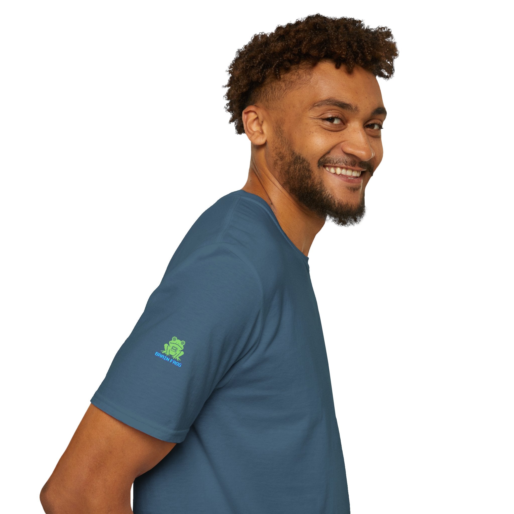 Brain Frog Design Signature T-Shirt - Small Green Brain Frog Logo Tee (Front Chest & Sleeve) - 100% Cotton / Cotton Blend