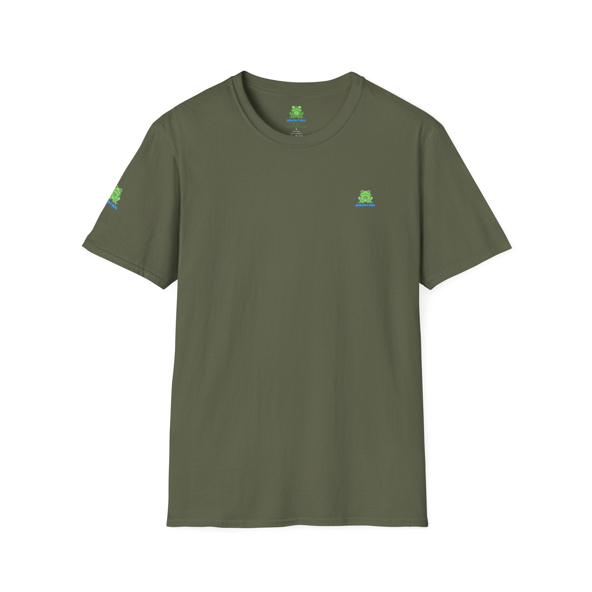 Brain Frog Design Signature T-Shirt - Small Green Brain Frog Logo Tee (Front Chest & Sleeve) - 100% Cotton