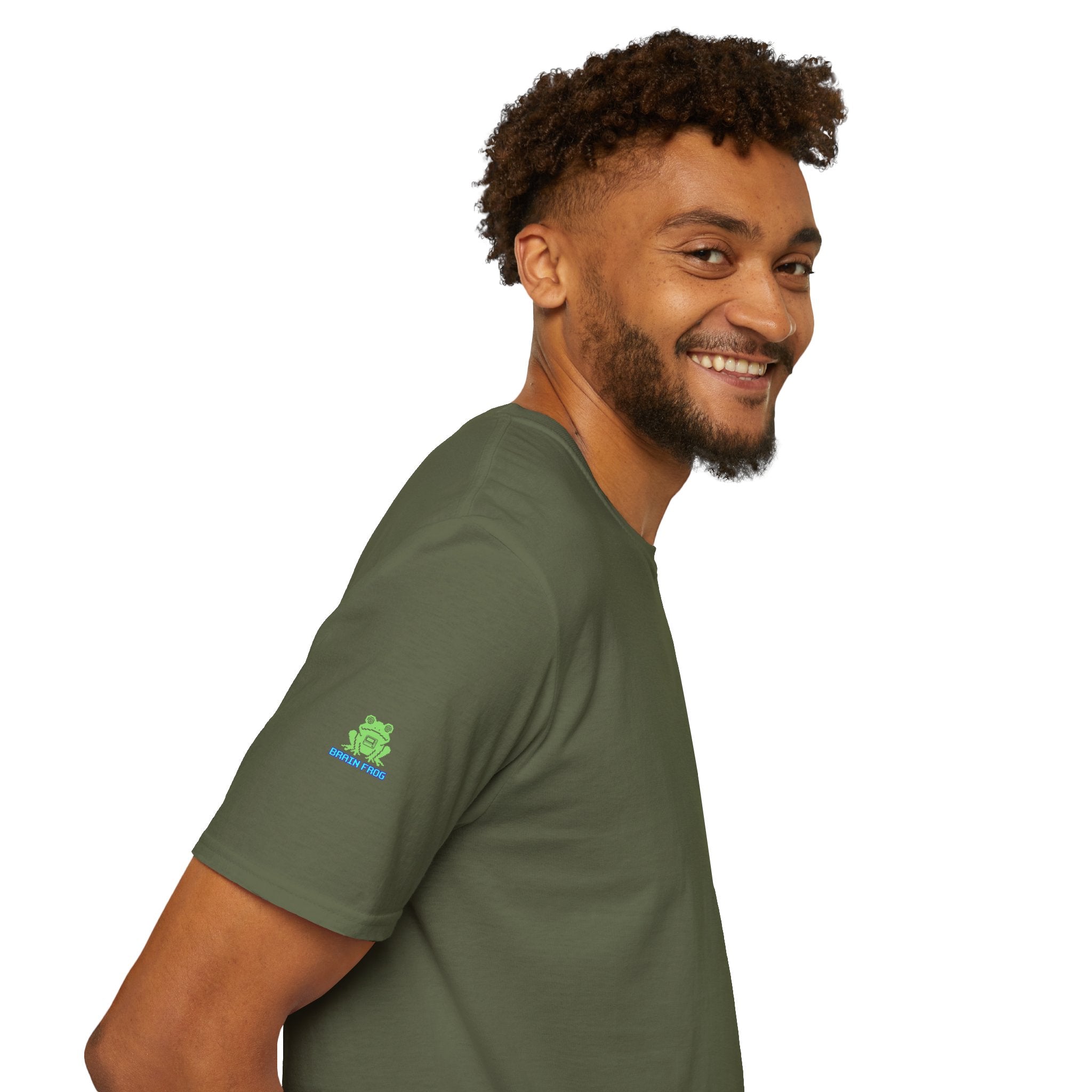 Brain Frog Design Signature T-Shirt - Small Green Brain Frog Logo Tee (Front Chest & Sleeve) - 100% Cotton / Cotton Blend