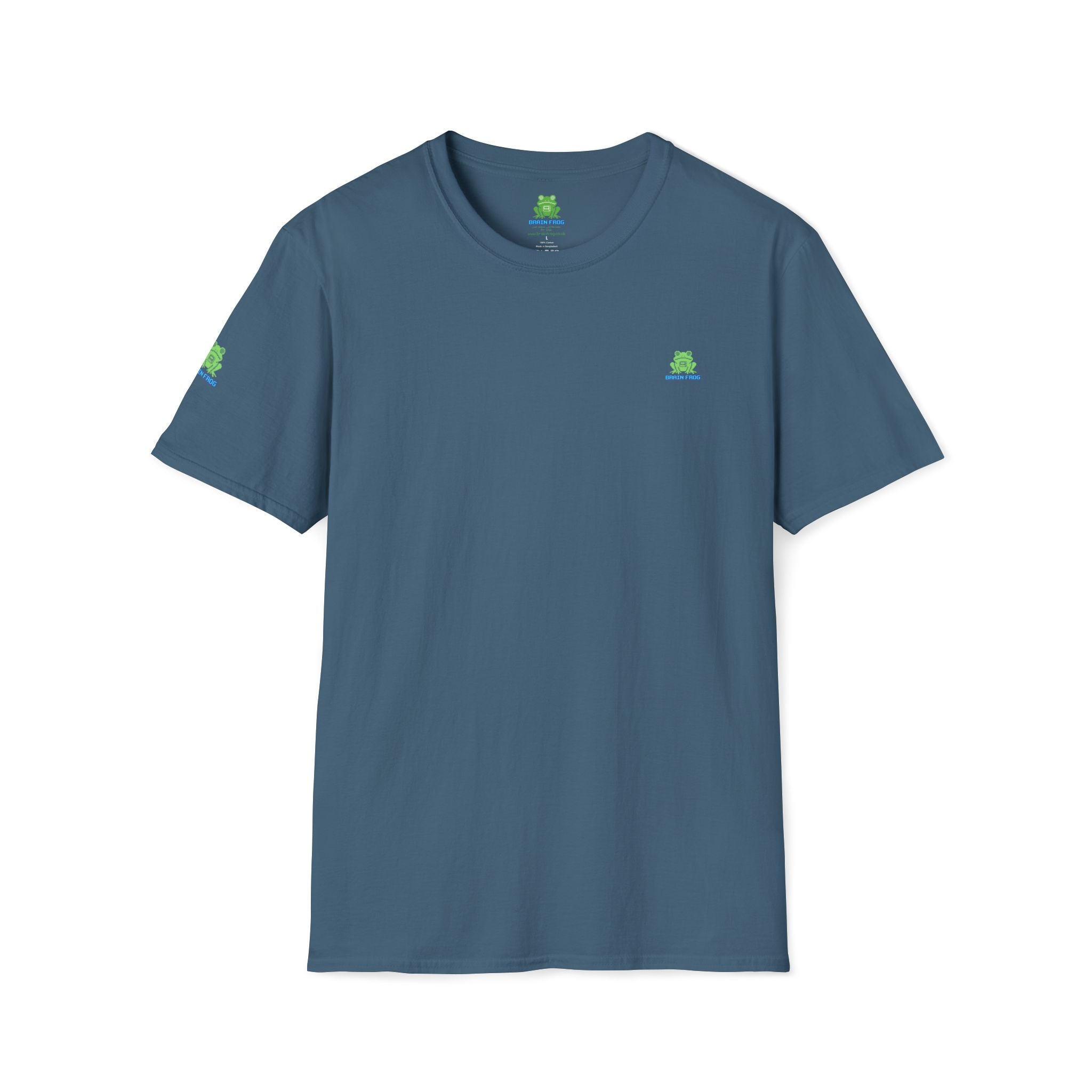 Brain Frog Design Signature T-Shirt - Small Green Brain Frog Logo Tee (Front Chest & Sleeve) - 100% Cotton