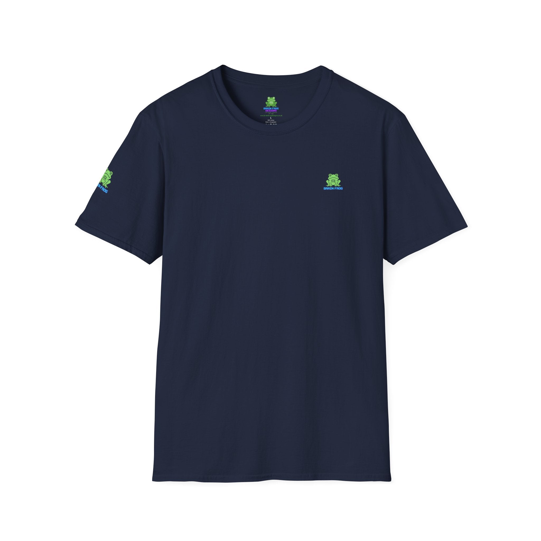 Brain Frog Design Signature T-Shirt - Small Green Brain Frog Logo Tee (Front Chest & Sleeve) - 100% Cotton / Cotton Blend