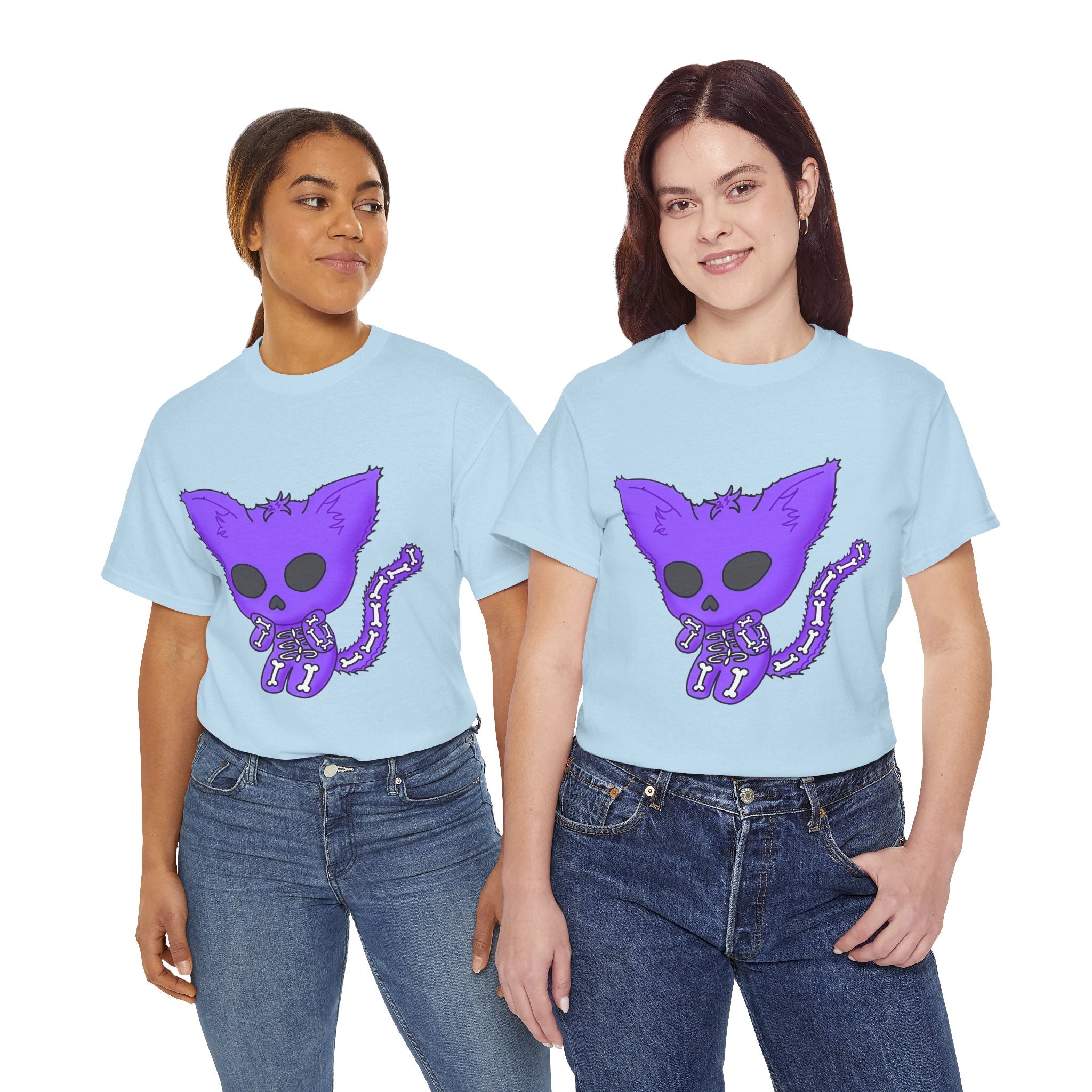 Purple Skeleton Cat Graphic Tee - Cute Creepy Kitty Shirt - 100% Cotton