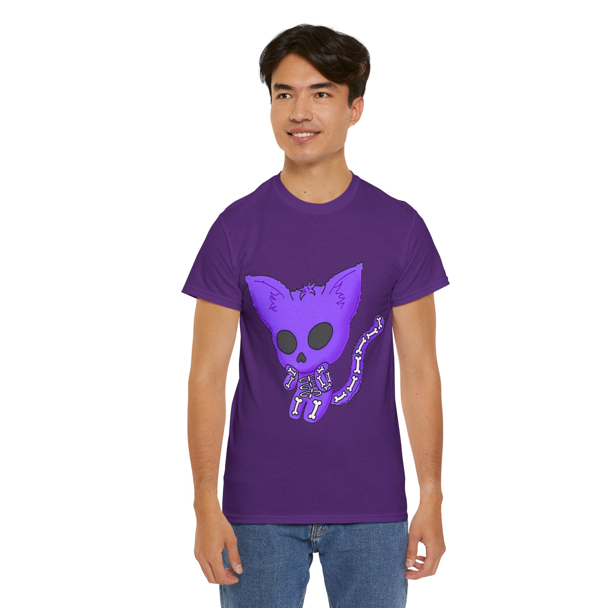 Purple Skeleton Cat Graphic Tee - Cute Creepy Kitty Shirt - 100% Cotton