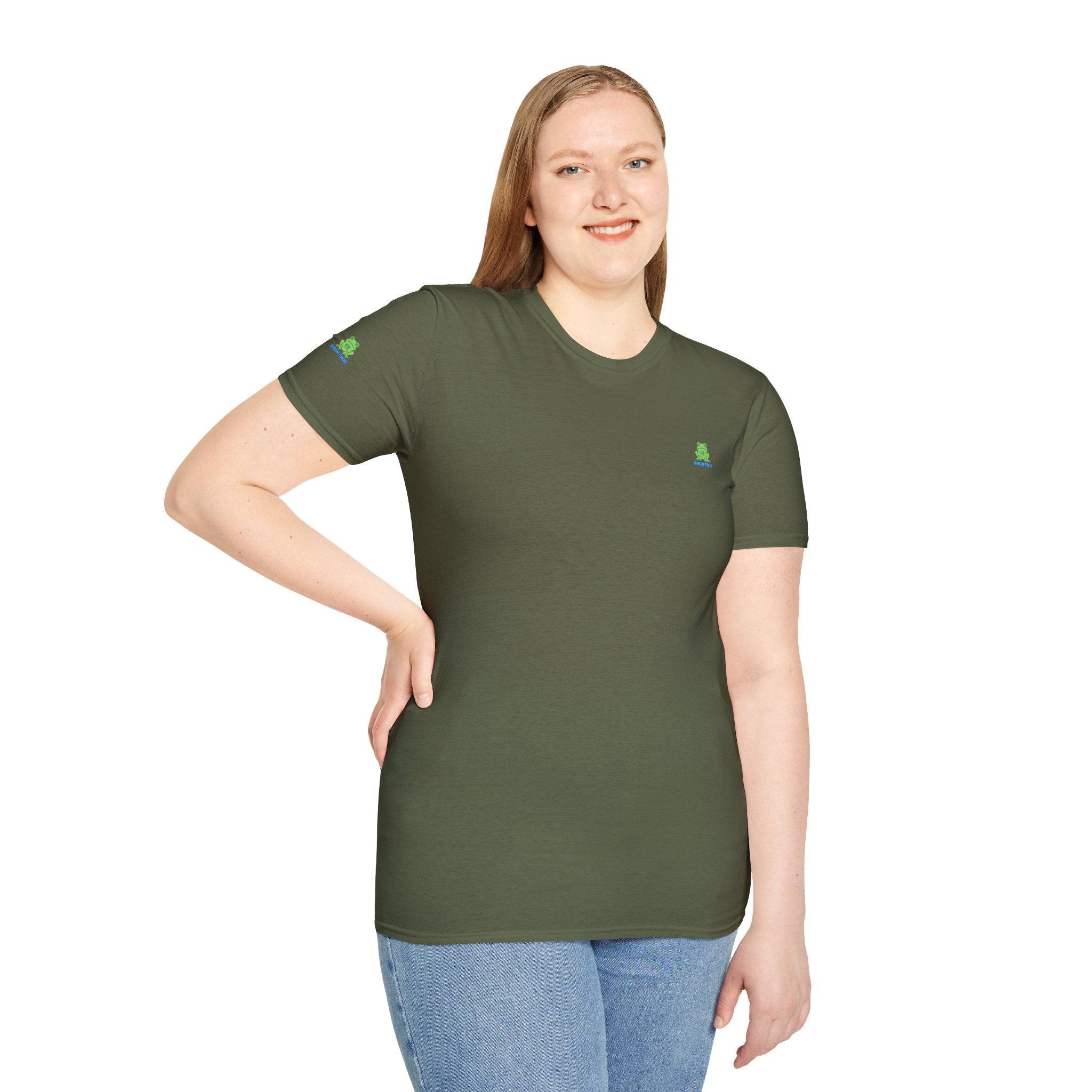 Brain Frog Design Signature T-Shirt - Small Green Brain Frog Logo Tee (Front Chest & Sleeve) - 100% Cotton