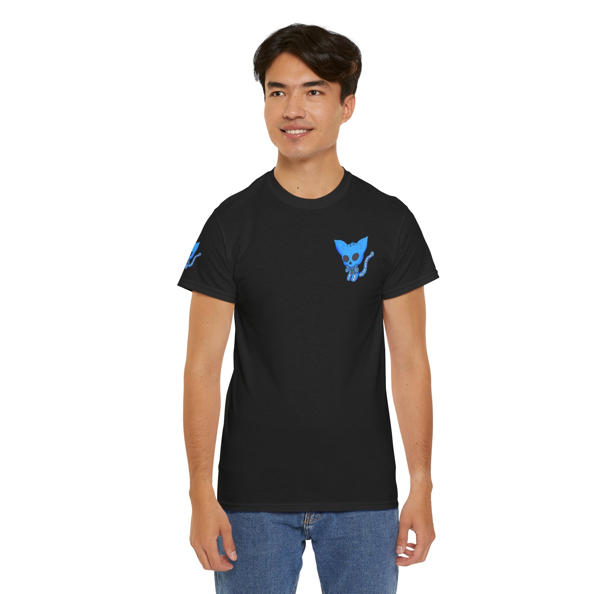 Blue Skeleton Cat Graphic Tee - Cute Creepy Kitty Shirt - 100% Cotton