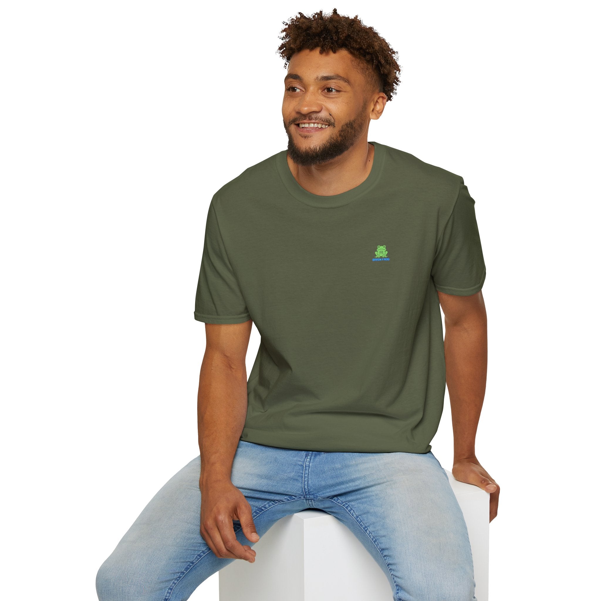 Brain Frog Design Signature T-Shirt - Small Green Brain Frog Logo Tee (Front Chest & Sleeve) - 100% Cotton / Cotton Blend