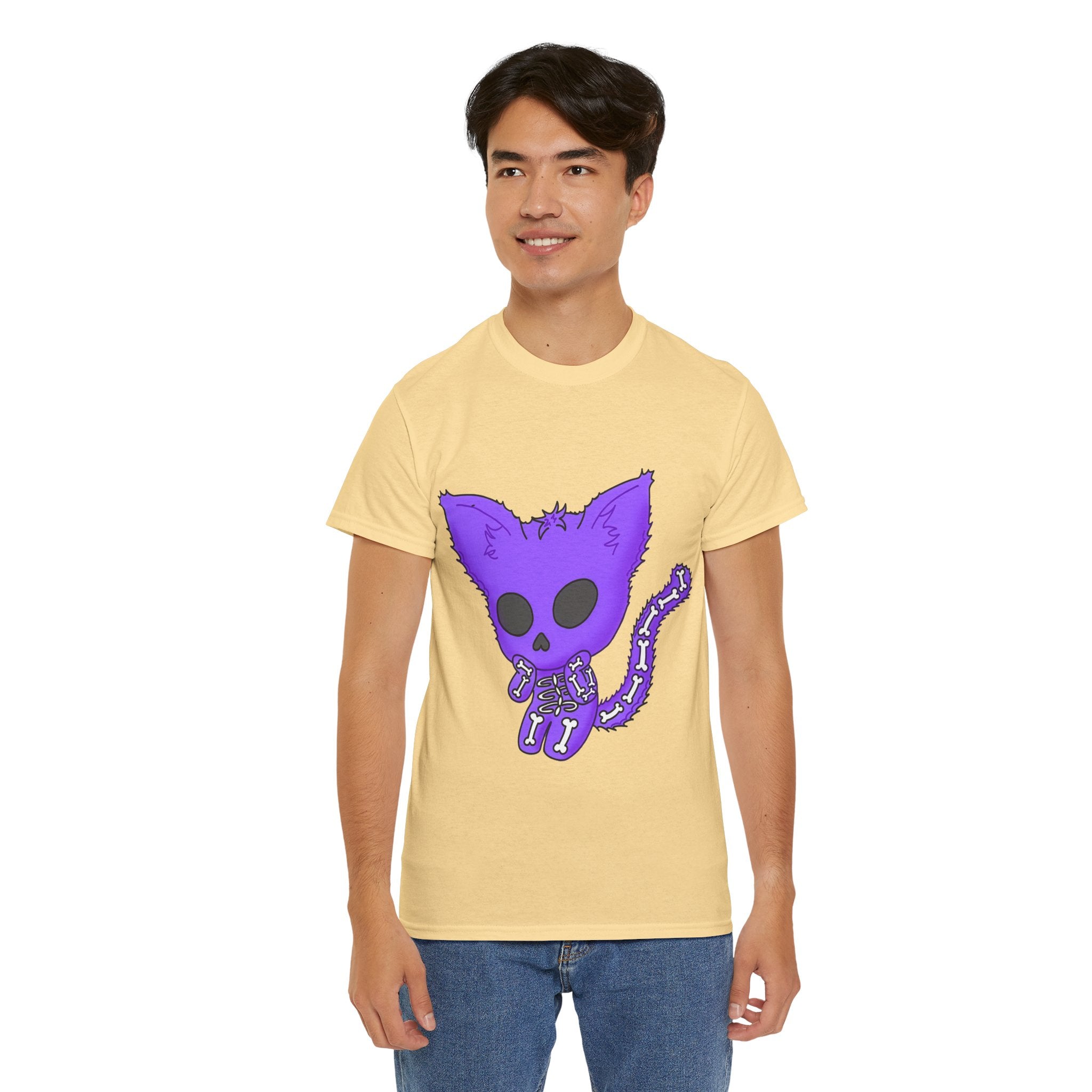 Purple Skeleton Cat Graphic Tee - Cute Creepy Kitty Shirt - 100% Cotton