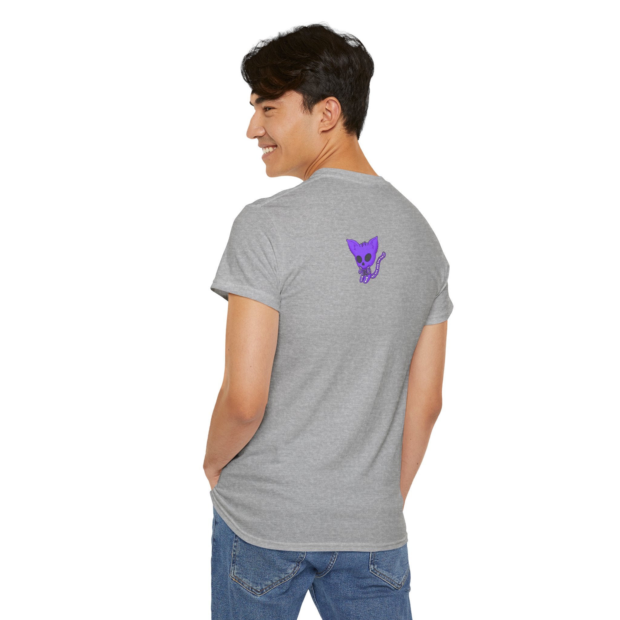 Purple Skeleton Cat Graphic Tee - Cute Creepy Kitty Shirt - 100% Cotton