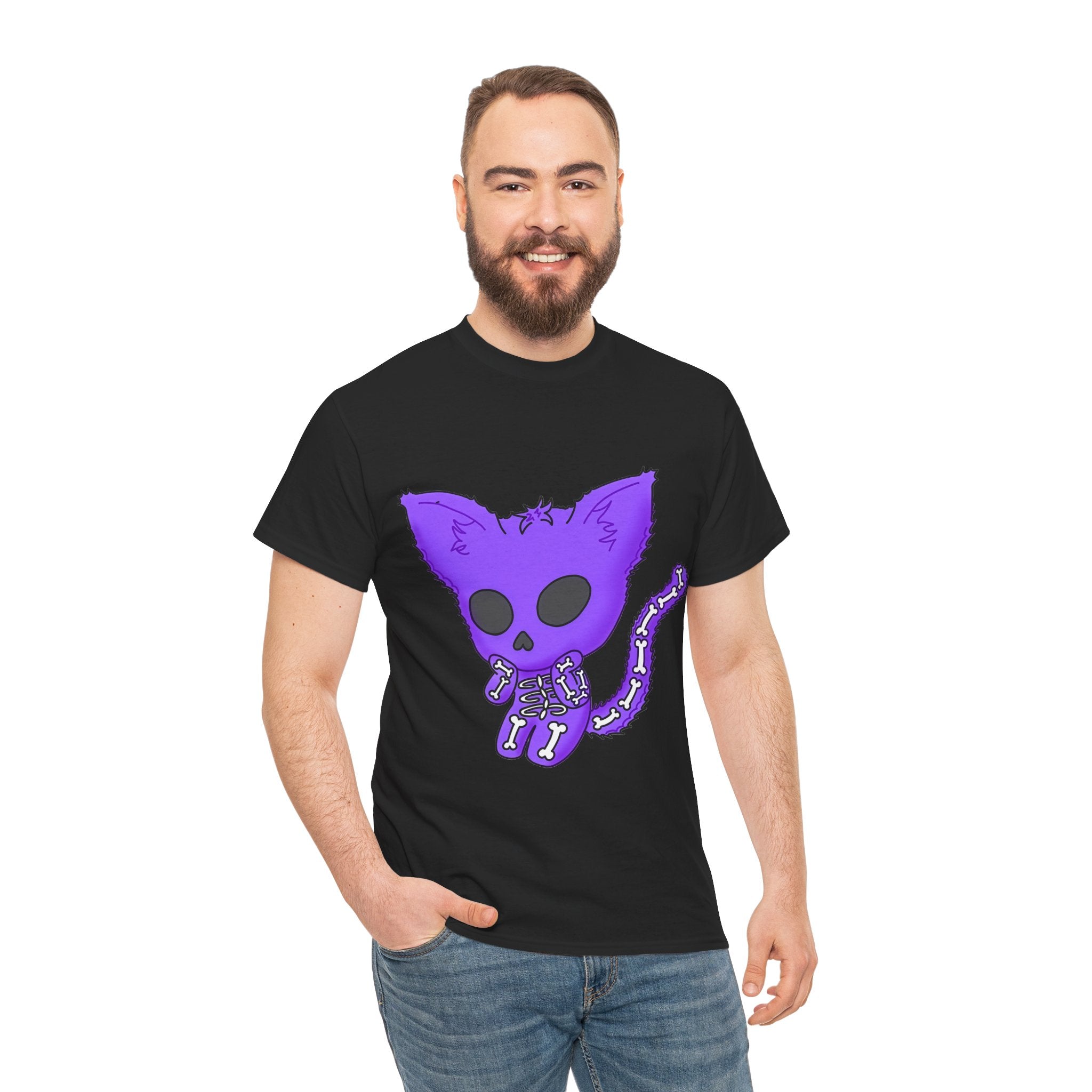 Purple Skeleton Cat Graphic Tee - Cute Creepy Kitty Shirt - 100% Cotton