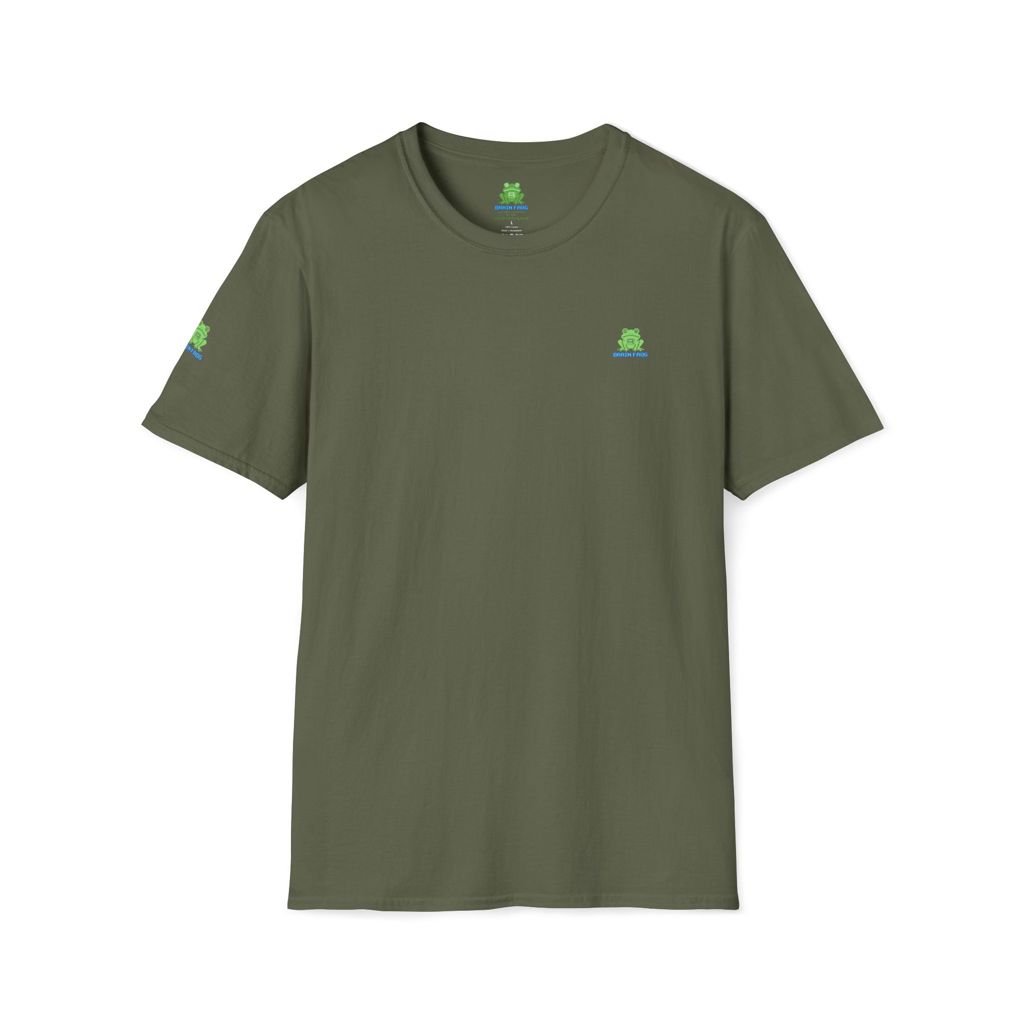 Brain Frog Design Signature T-Shirt - Small Green Brain Frog Logo Tee (Front Chest & Sleeve) - 100% Cotton