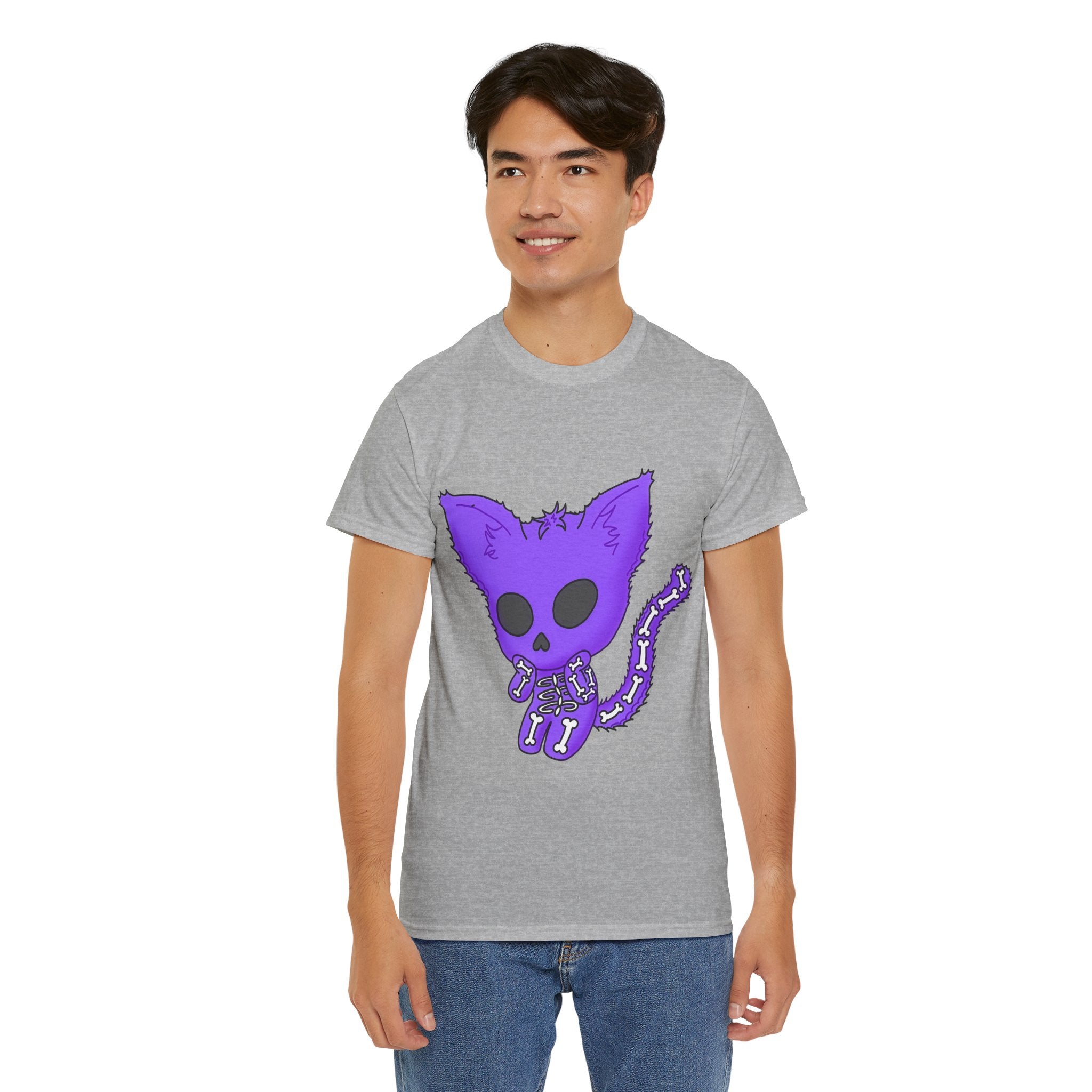 Purple Skeleton Cat Graphic Tee - Cute Creepy Kitty Shirt - 100% Cotton