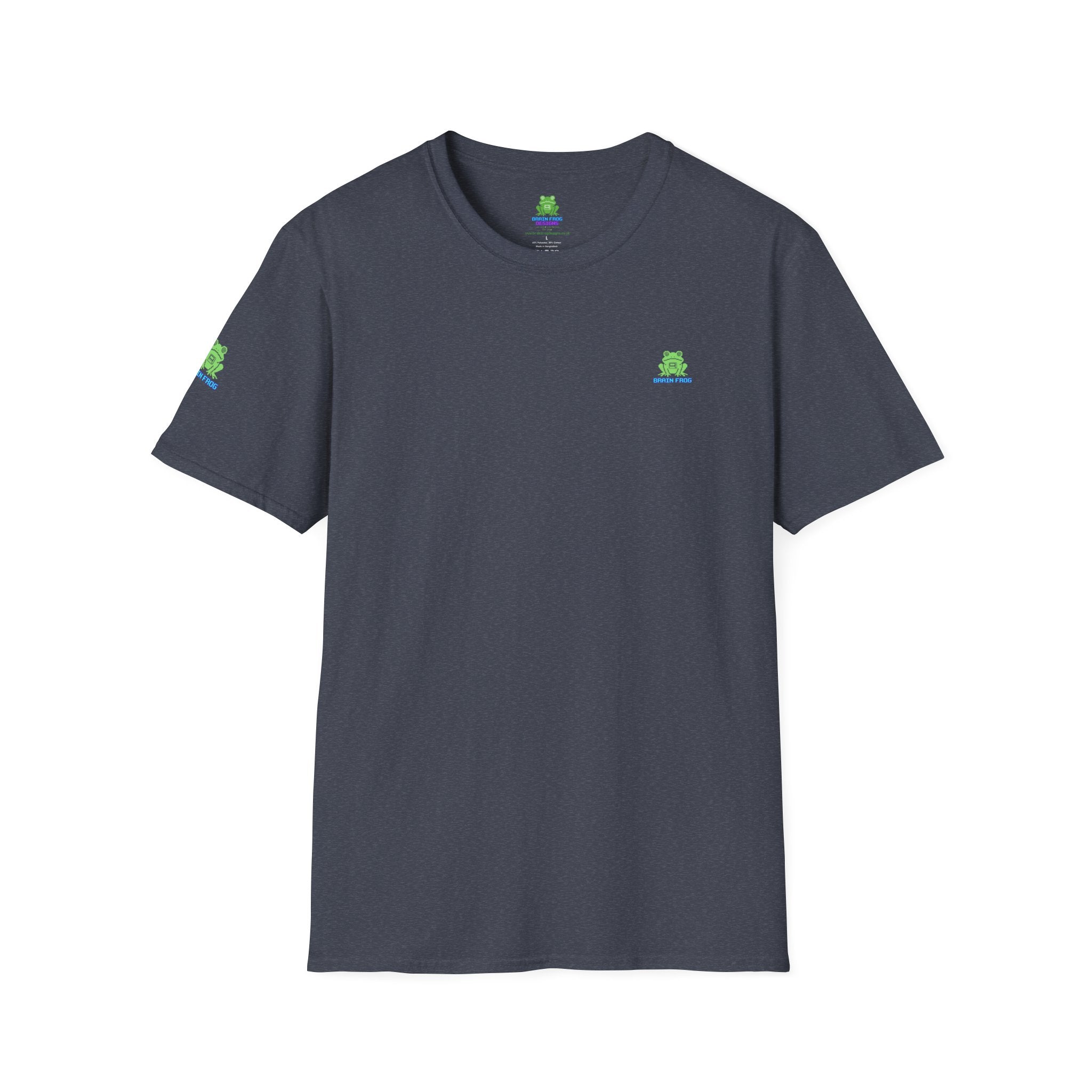 Brain Frog Design Signature T-Shirt - Small Green Brain Frog Logo Tee (Front Chest & Sleeve) - 100% Cotton / Cotton Blend