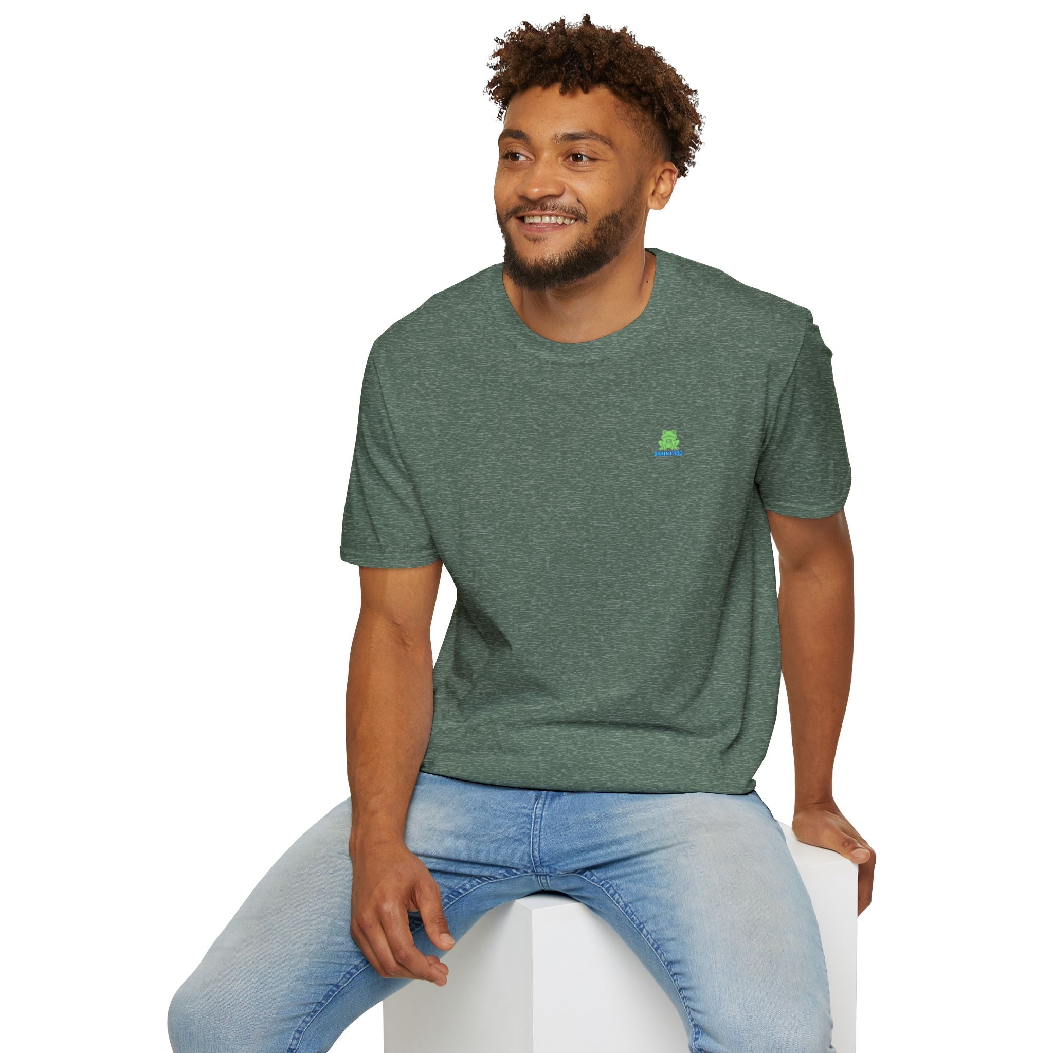 Brain Frog Design Signature T-Shirt - Small Green Brain Frog Logo Tee (Front Chest & Sleeve) - 100% Cotton