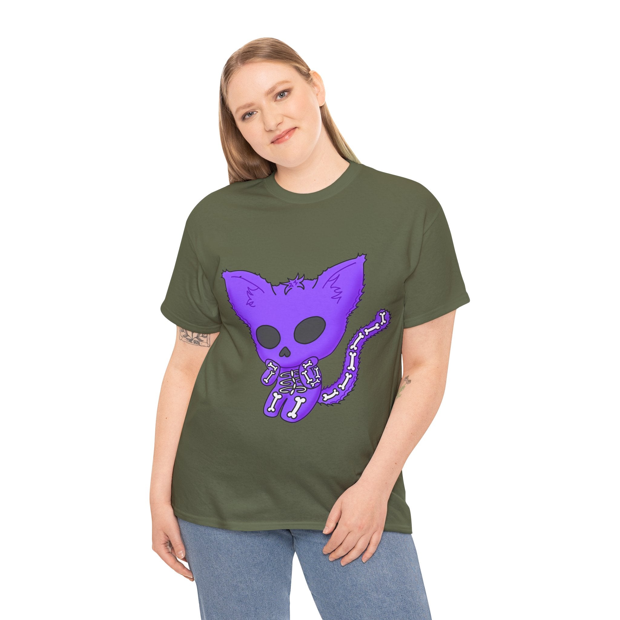 Purple Skeleton Cat Graphic Tee - Cute Creepy Kitty Shirt - 100% Cotton