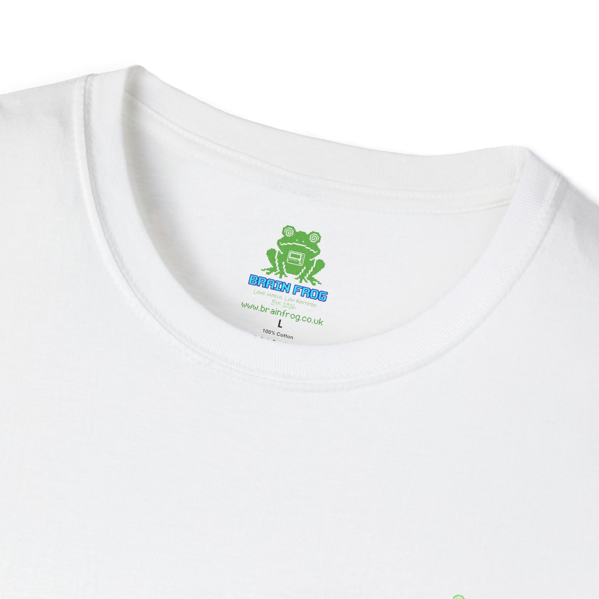 Brain Frog Design Signature T-Shirt - Small Green Brain Frog Logo Tee (Front Chest & Sleeve) - 100% Cotton