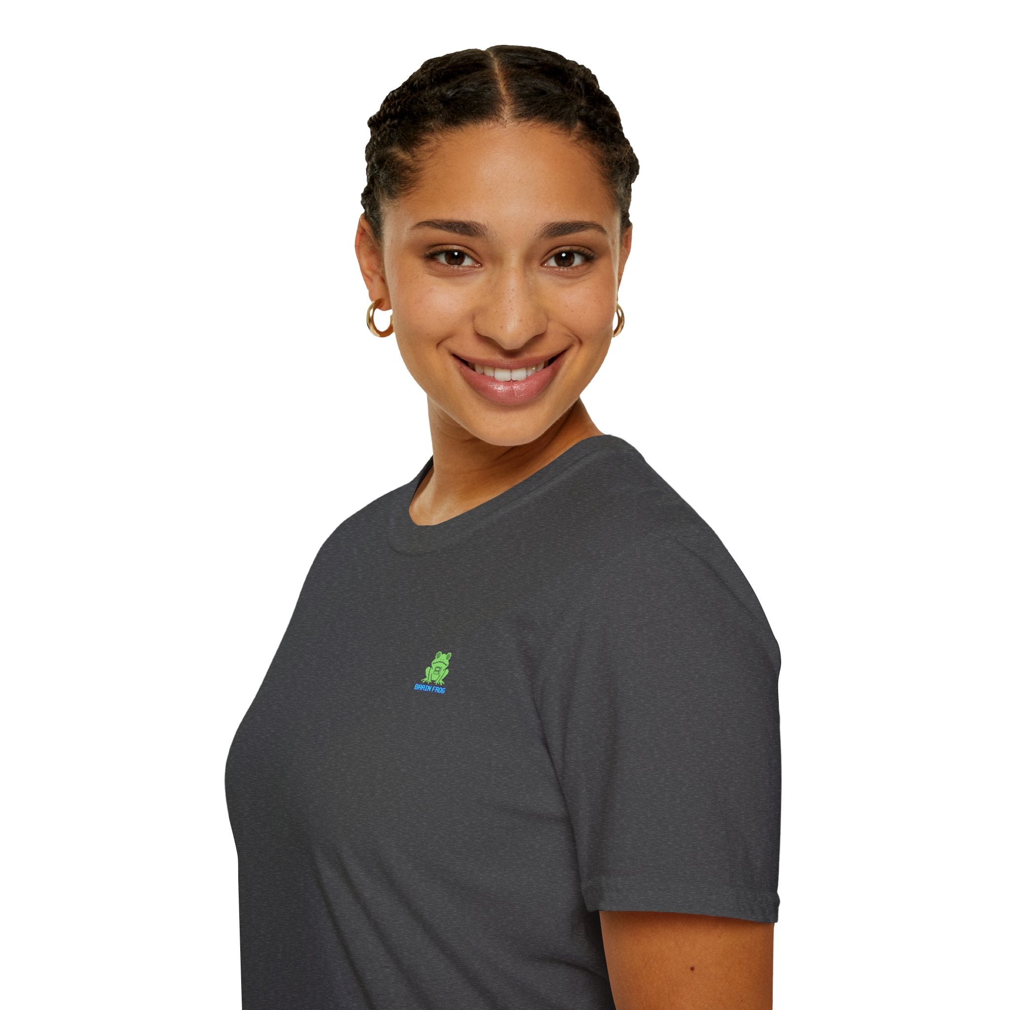 Brain Frog Design Signature T-Shirt - Small Green Brain Frog Logo Tee (Front Chest & Sleeve) - 100% Cotton / Cotton Blend