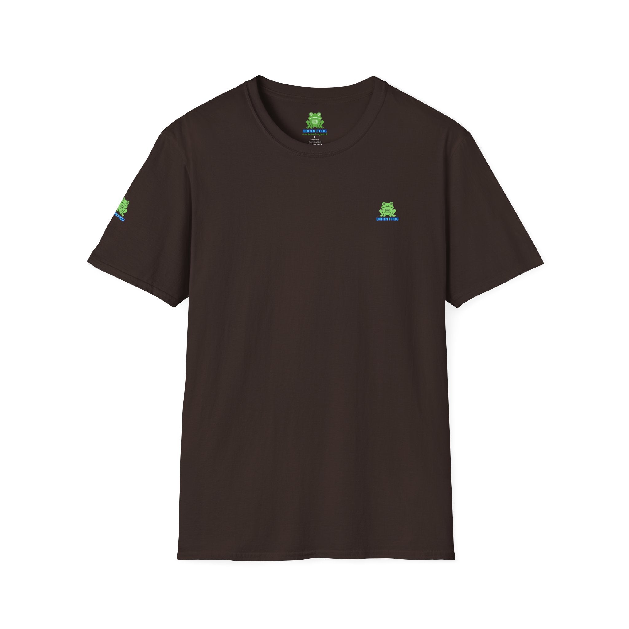 Brain Frog Design Signature T-Shirt - Small Green Brain Frog Logo Tee (Front Chest & Sleeve) - 100% Cotton / Cotton Blend