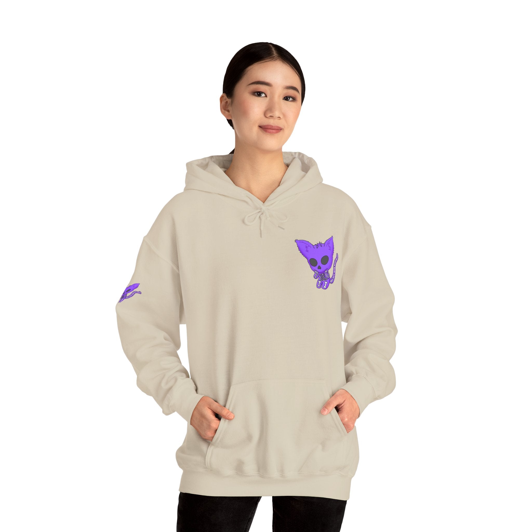 Purple Skeleton Cat Hoodie – Cute Spooky Graphic Sweatshirt - Unique Brand Design